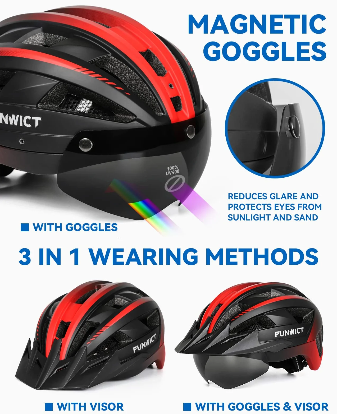 Casco Bicicleta para Ciclismo de Montaña Casco MTB Adulto con Visera y Gafas Desmontables Casco Ciclismo para Hombre Mujer de Tamaño 57-62cm (L: 57-61 cm, Negro y Rojo)