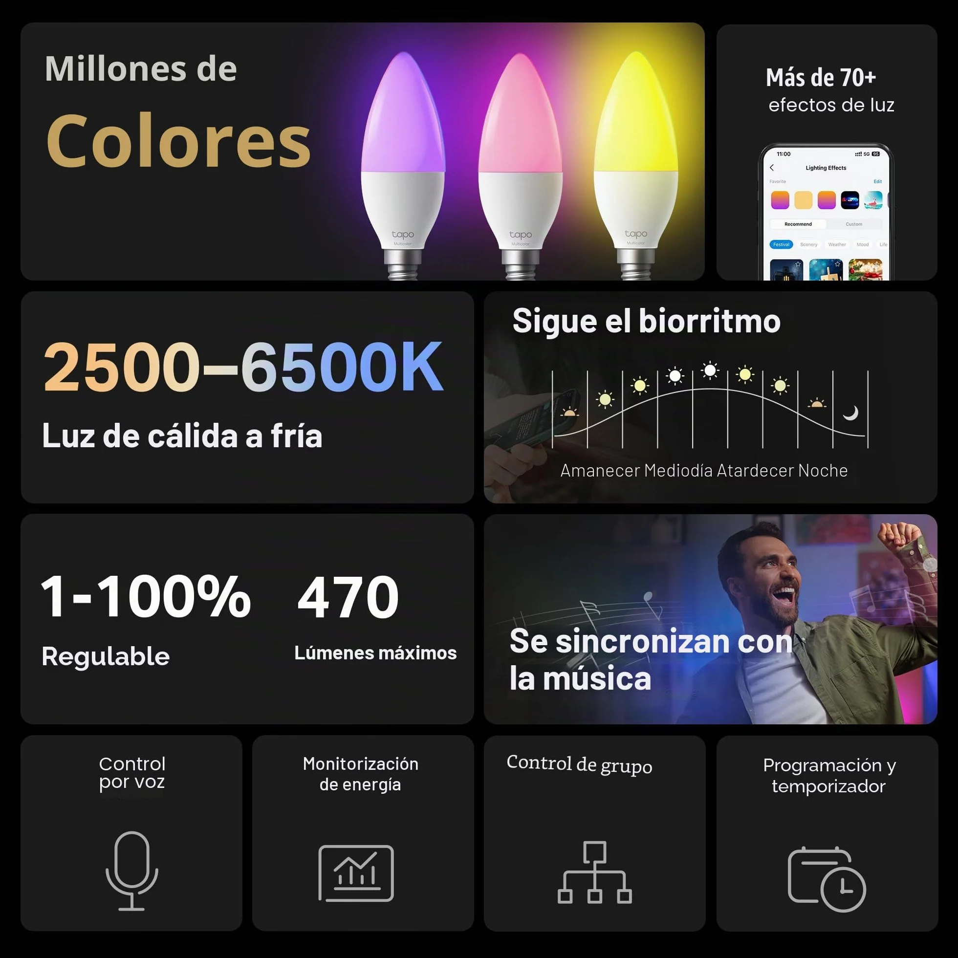 Tapo L430C Bombilla LED E14 WiFi Multicolor 2500K-6500K Regulable 40W 470Lm Alexa Control de Voz