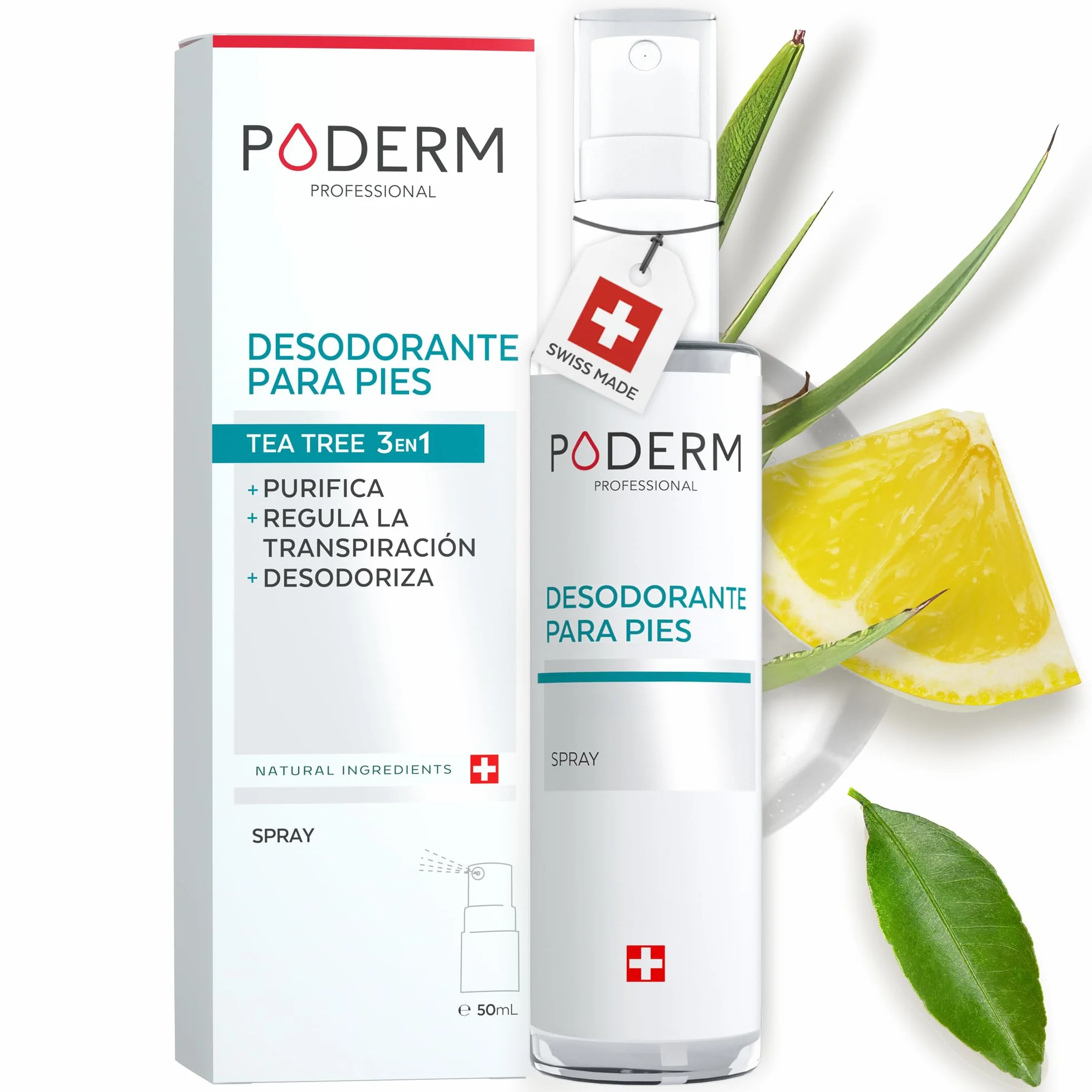 PODERM Spray Desodorante Anti Olor 50 ML Árbol de Té Menta y Limón