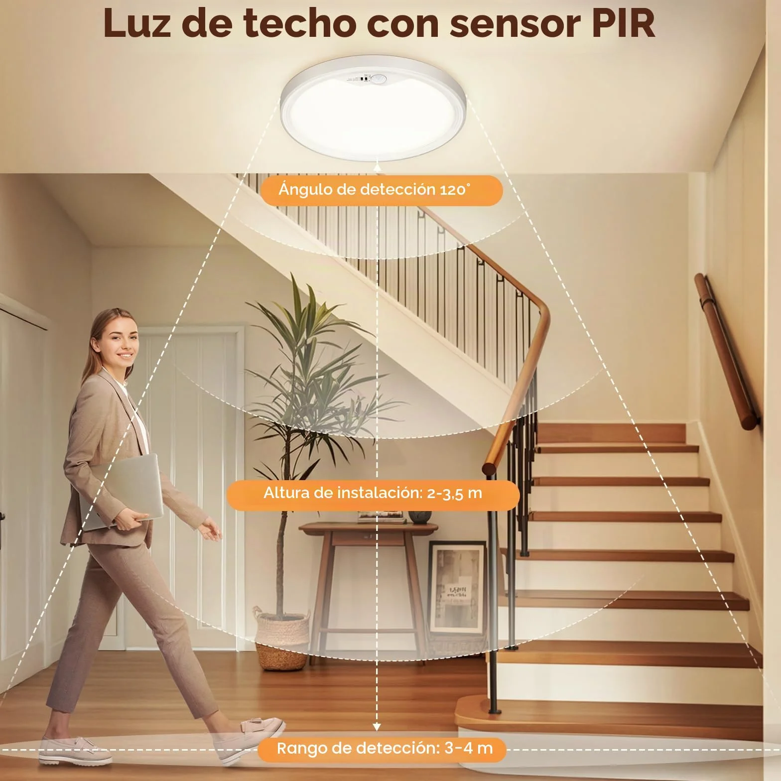 NIBSHOOM Plafon LED techo 3000K/4000K/6500K 18W 1800LM IP44 con sensor de movimiento Ø22cm