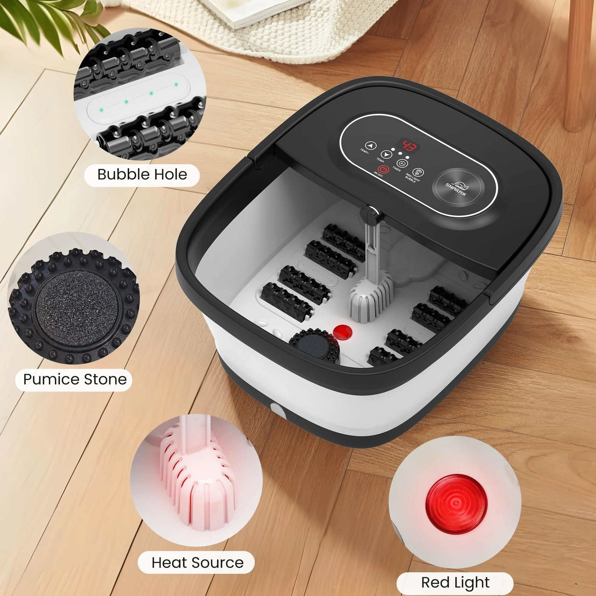 Snailax Baño de pies plegable con masaje y calefacción, baño de burbujas Shiatsu, 14 niveles de calor, 35-48°C