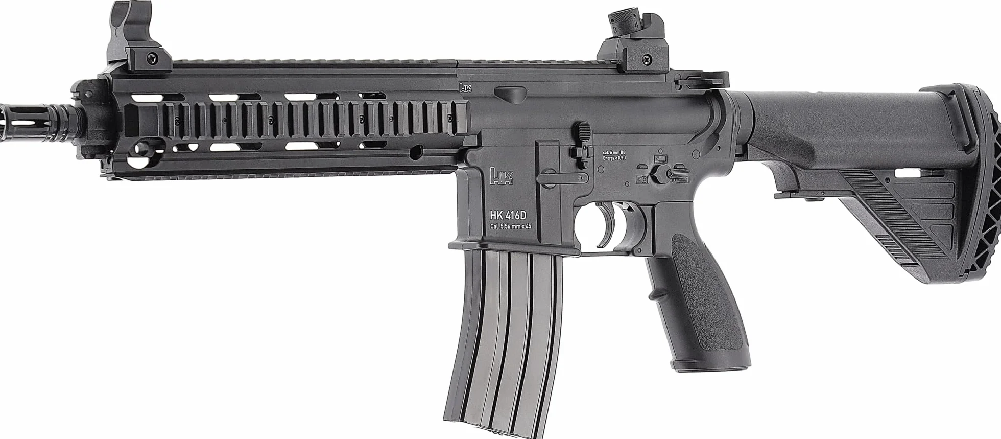 Fusil de airsoft HK416-D Umarex- ref.2.6497-modelo eléctrico - semiautomático/completo (disparo en ráfaga) - material: plástico polímero de alta resistencia - color: negro - potencia 0,5 Joule