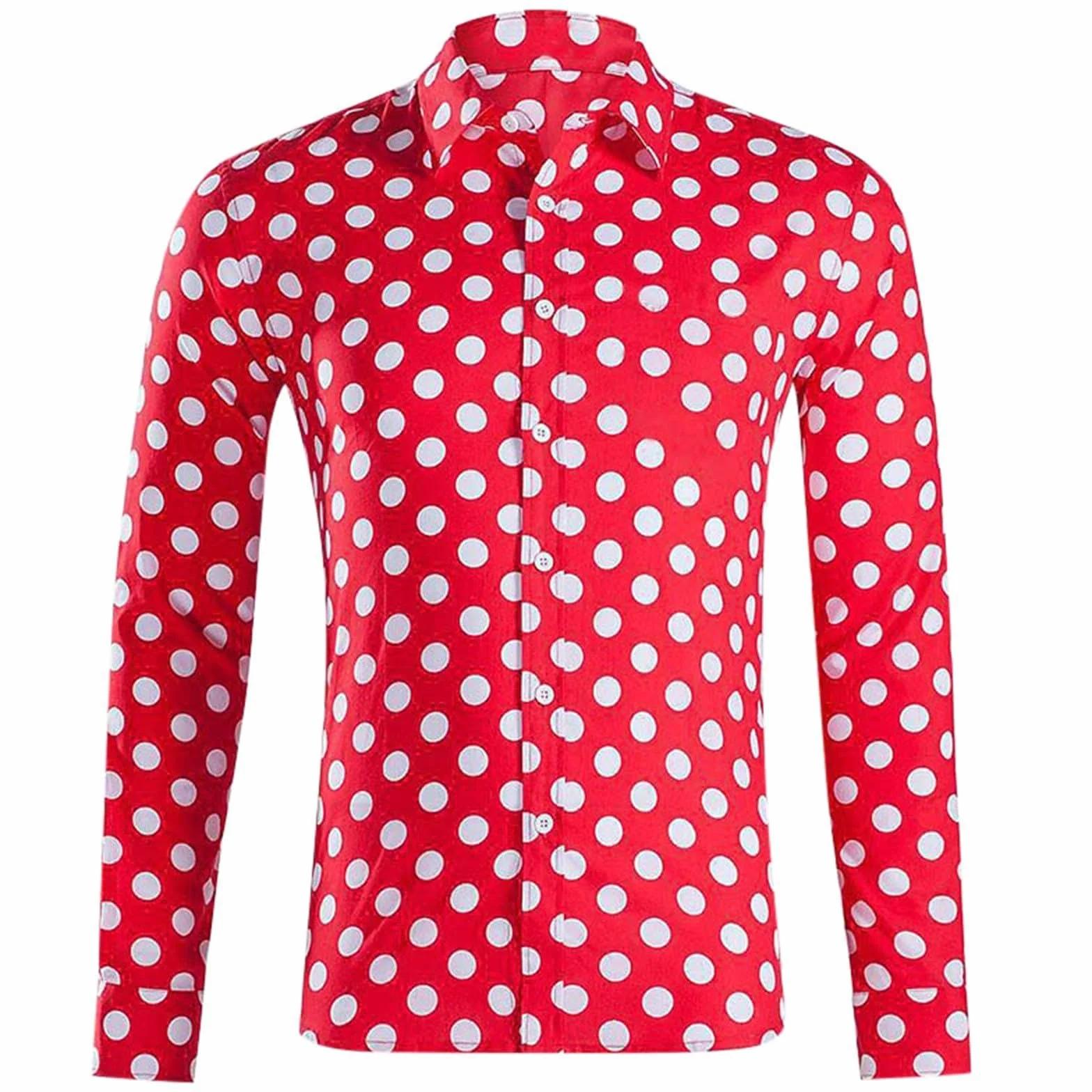 Camisetas para hombre de manga larga con botones de lunares, camisa retro cuello abotonado, estampado de puntos, camisa de negocios, corte ajustado