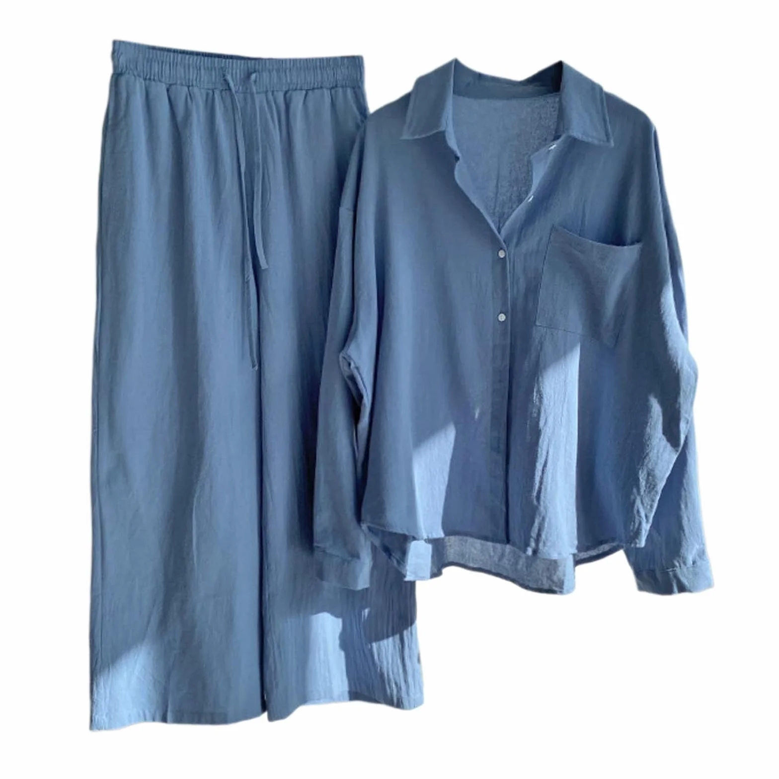 Traje de lino para mujer de dos piezas, pantalón manga larga, transpirable, elástico, pijama de casa ligero