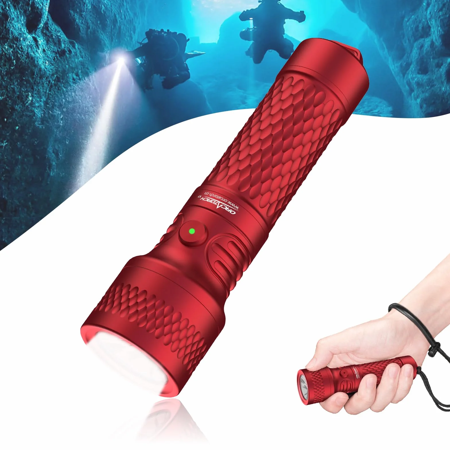 ORCATORCH ORCA7 Linterna Buceo,3000 Lúmenes Linterna de Buceo,Haz de 6° Linterna Submarina con SOS, Impermeable IP68 Hasta 150 m, Ideal para Buceo Nocturno,Exploración de Cuevas y Equipo Técnico(Rojo)
