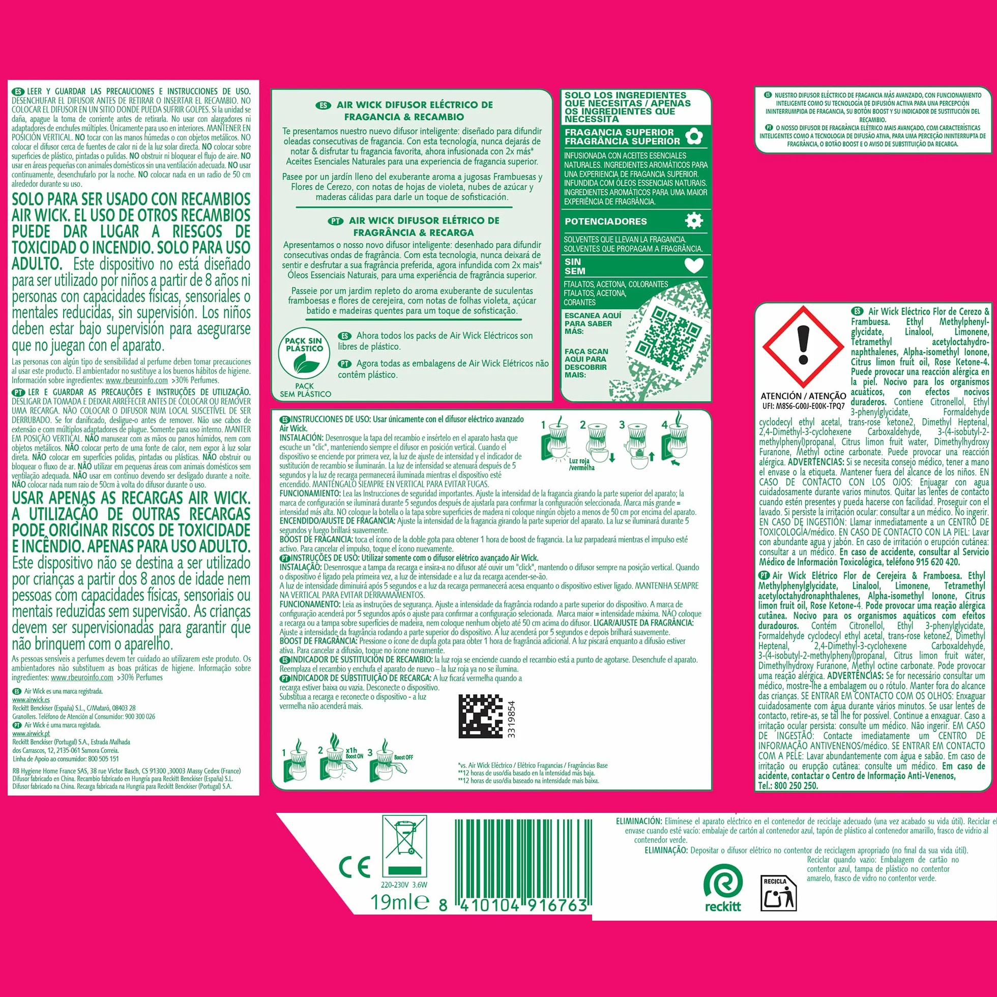 Air Wick Ambientador Eléctrico Aparato Difusor Inteligente Anti-Fading Recambio Flor de Cerezo Frambuesa 2x Aceites Esenciales