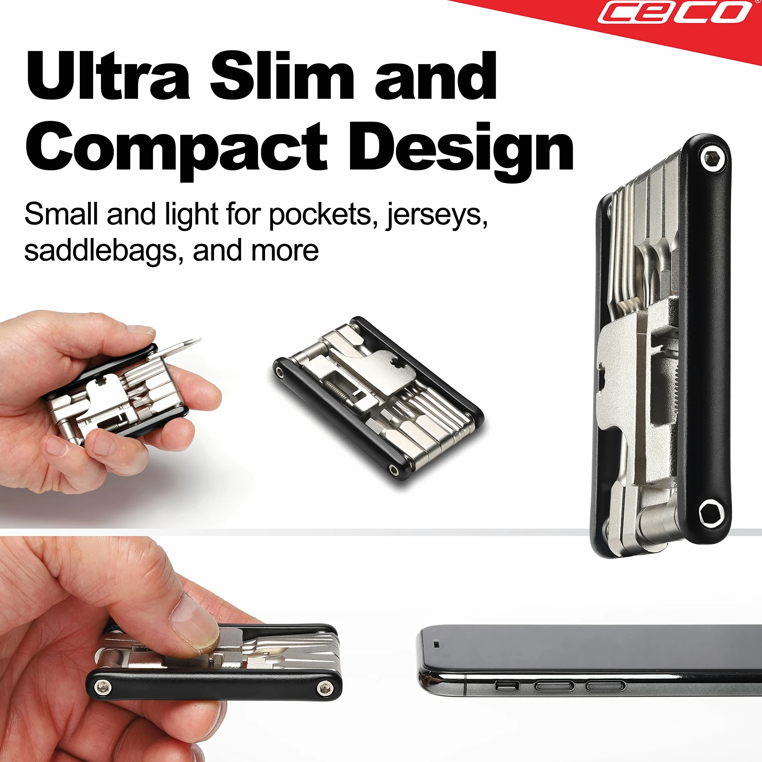 CECO - USA - Herramienta de bicicleta de 17 funciones con interruptor de cadena, multiherramienta para bicicleta, ultra delgada, tamaño de bolsillo compacto, ligera, acero de herramienta CR-V 6150 de