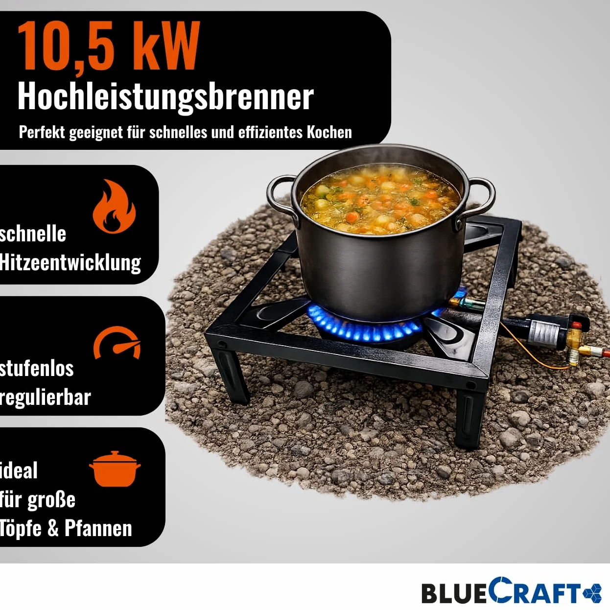 Bluecraft - Hornillo de gas de 10,5 kW para bombona de gas con seguro de encendido y encendido piezoeléctrico, incluye manguera de gas de 150 cm y regulador de gas de 50 mbar, cocina profesional para