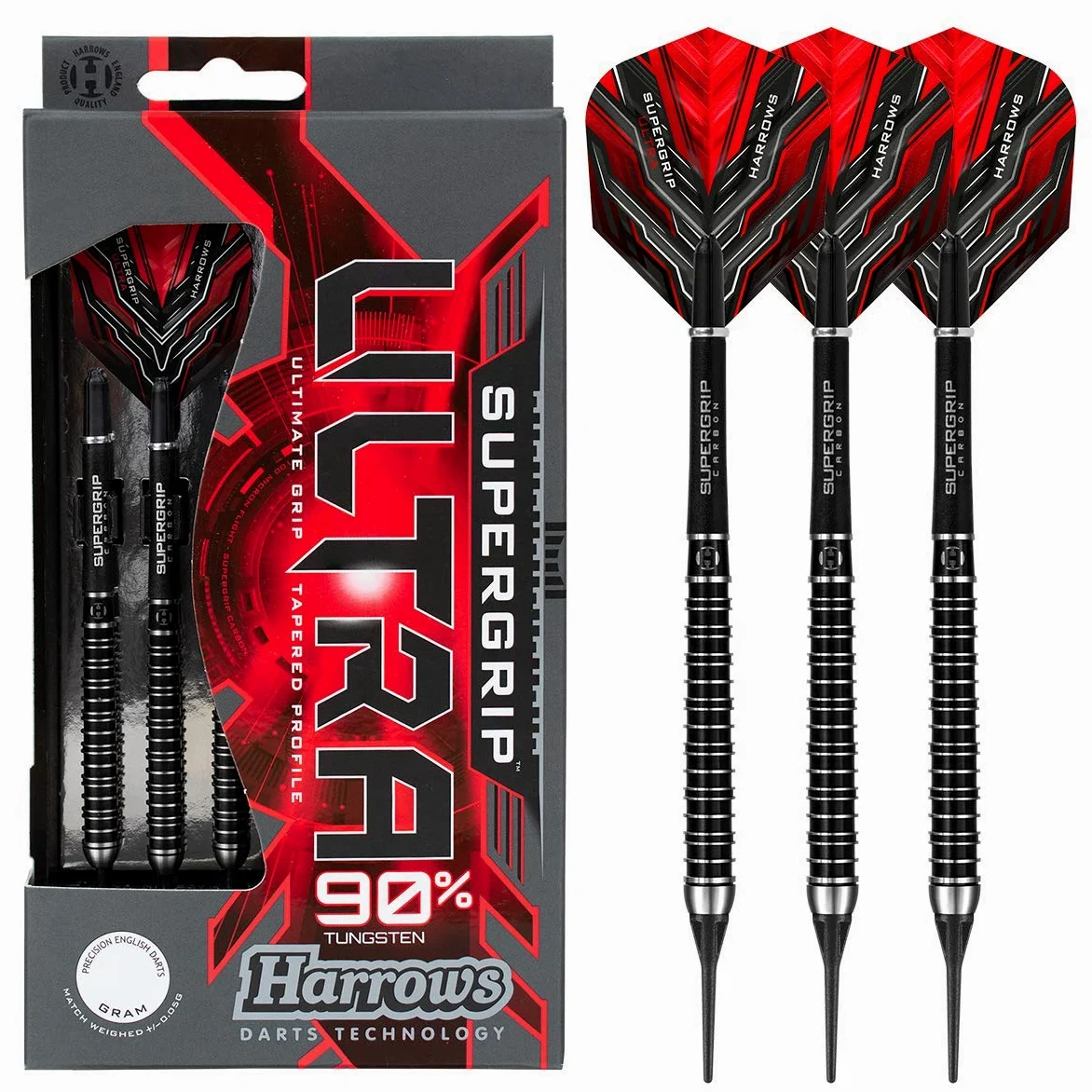 Harrows Juego de Dardos con Punta Blanda de tungsteno SUPERGRIP Ultra 90% Disponible en 18 g, 21 g, 22 g. Incluye Ejes de Carbono Supergrip, Plumas Supergrip y Estuche de Viaje.