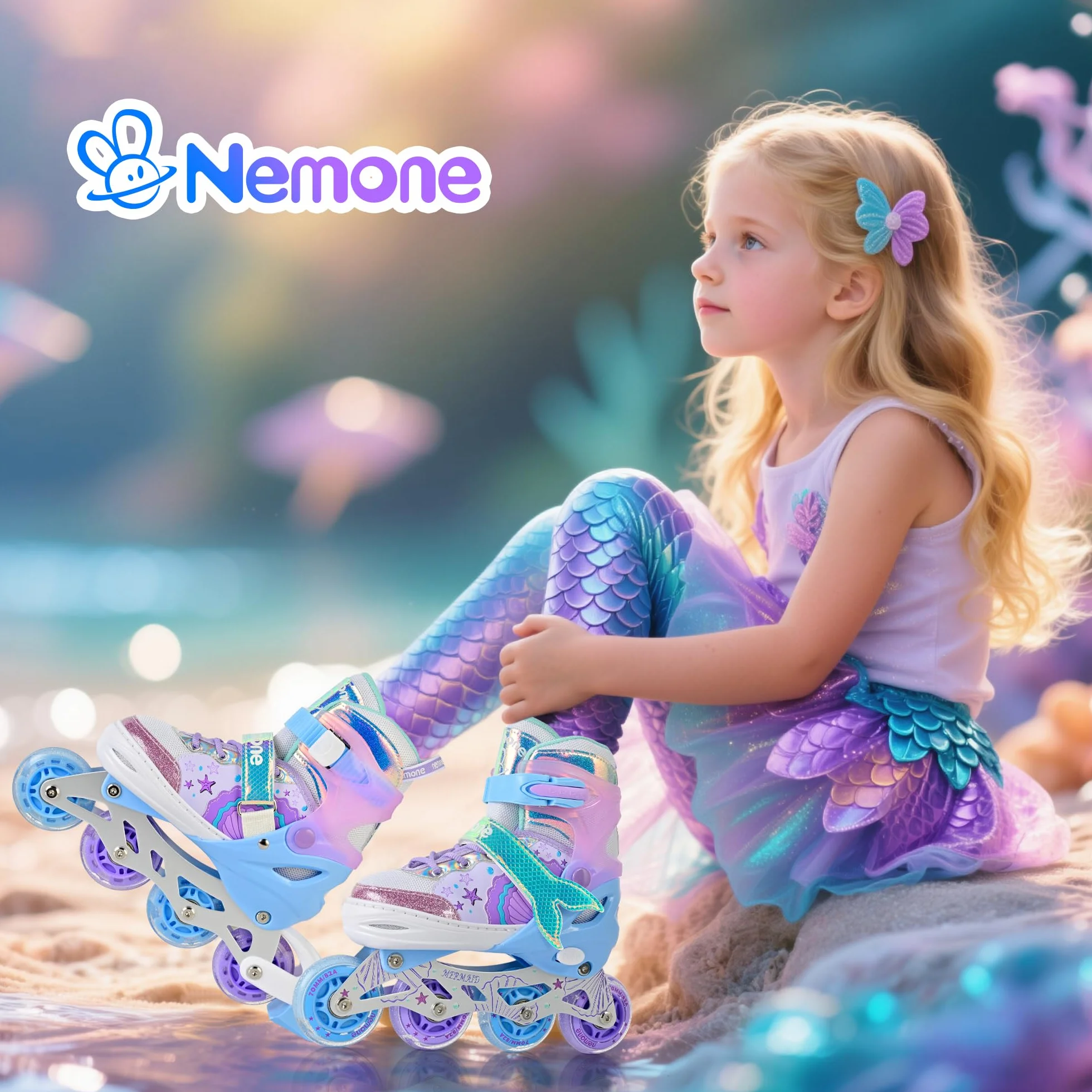 NEMONE Sirenita Patines en línea Niñas Ajustable 4 Ruedas para Niño Principiantes