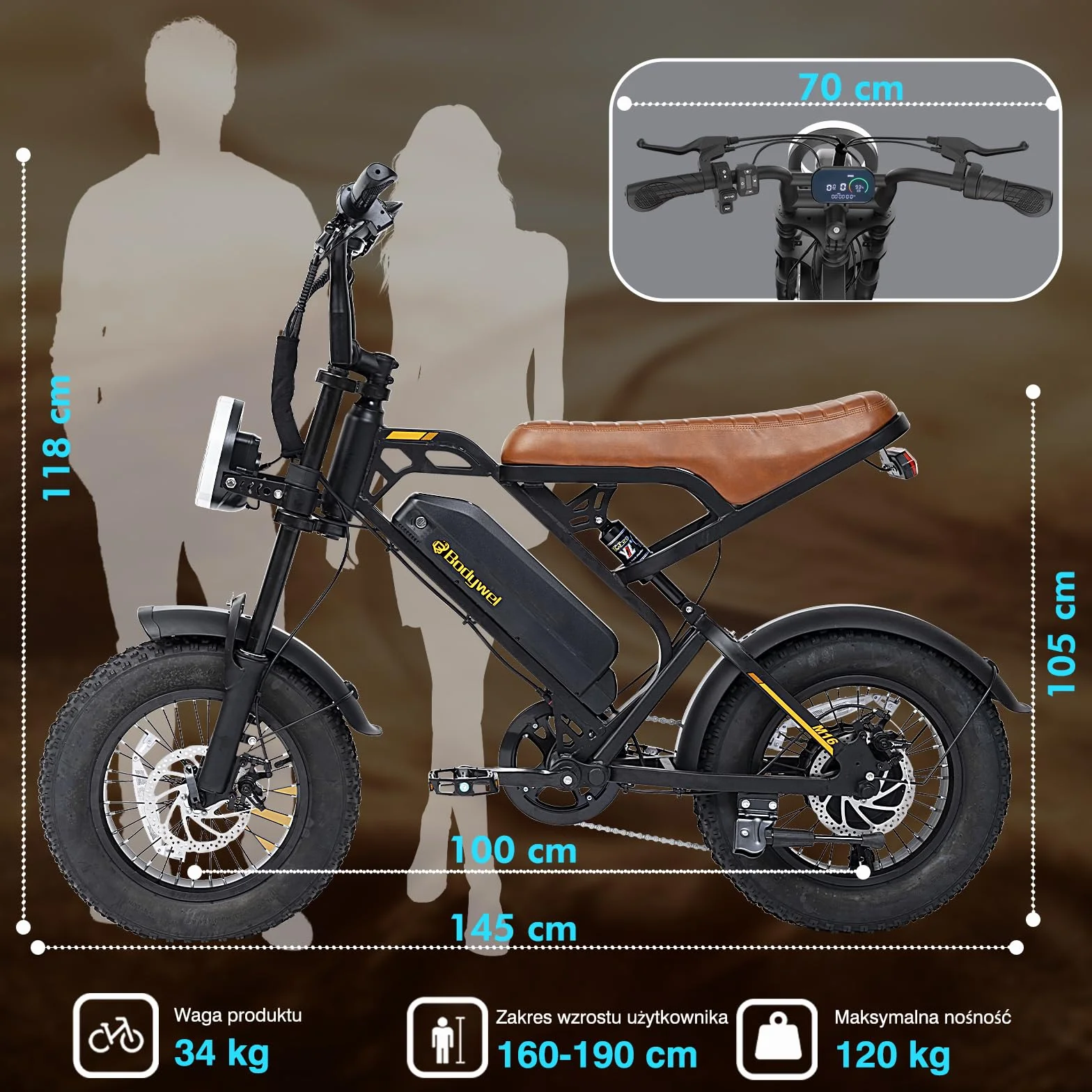 Bodywel M16 Bicicleta Eléctrica Adultos, 16x4.0” Fat Tire Todo Terreno Ebike, Batería 48V 13Ah, Motor 250W, 80 km Autonomía (Pas), Pantalla LCD, Luces Duales, Suspensión Completa