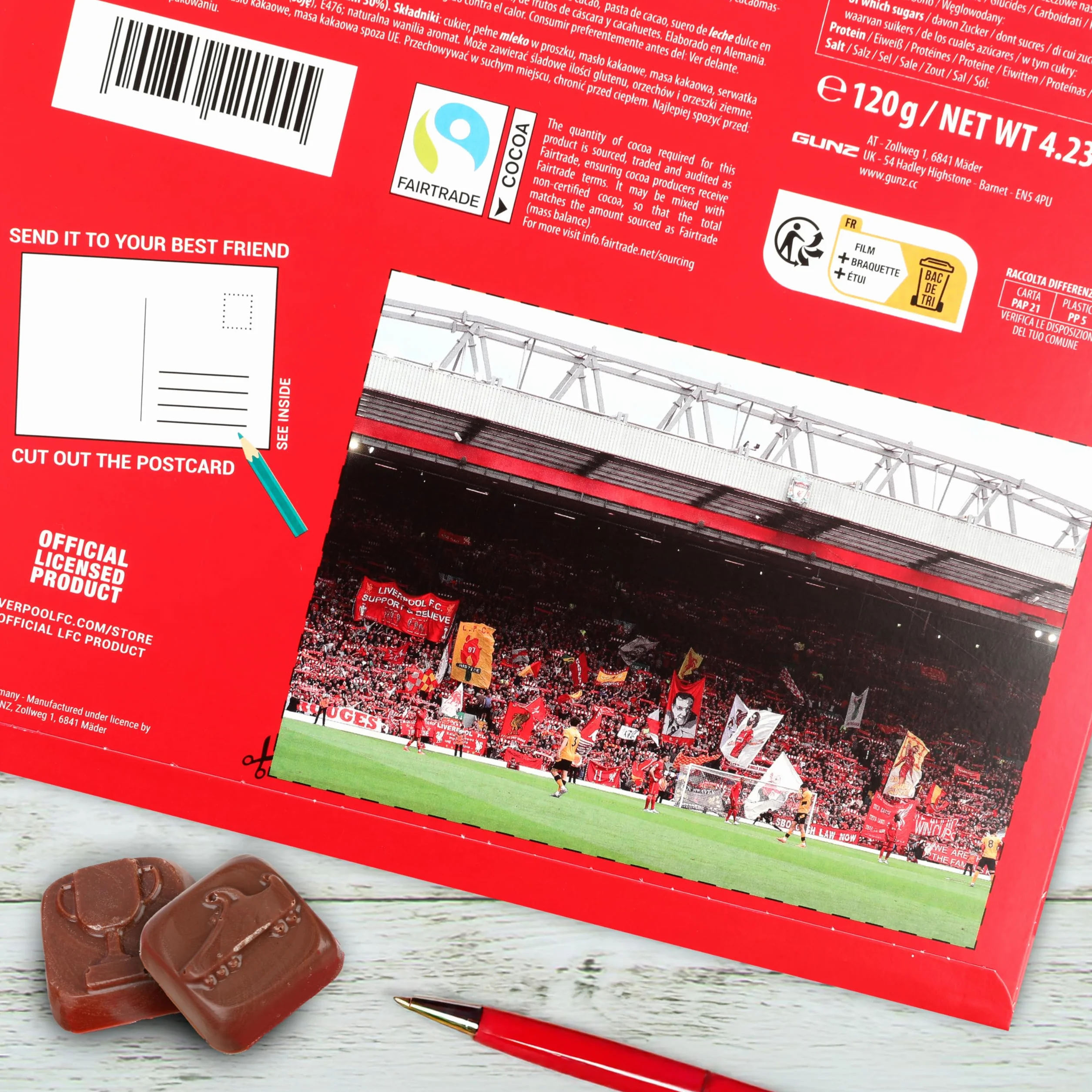 Gunz Calendario de adviento de chocolate del Liverpool FC de comercio justo, calendario de Navidad con 24 sorpresas de chocolate (120 g) + postal en la parte posterior – Regalo de Adviento para
