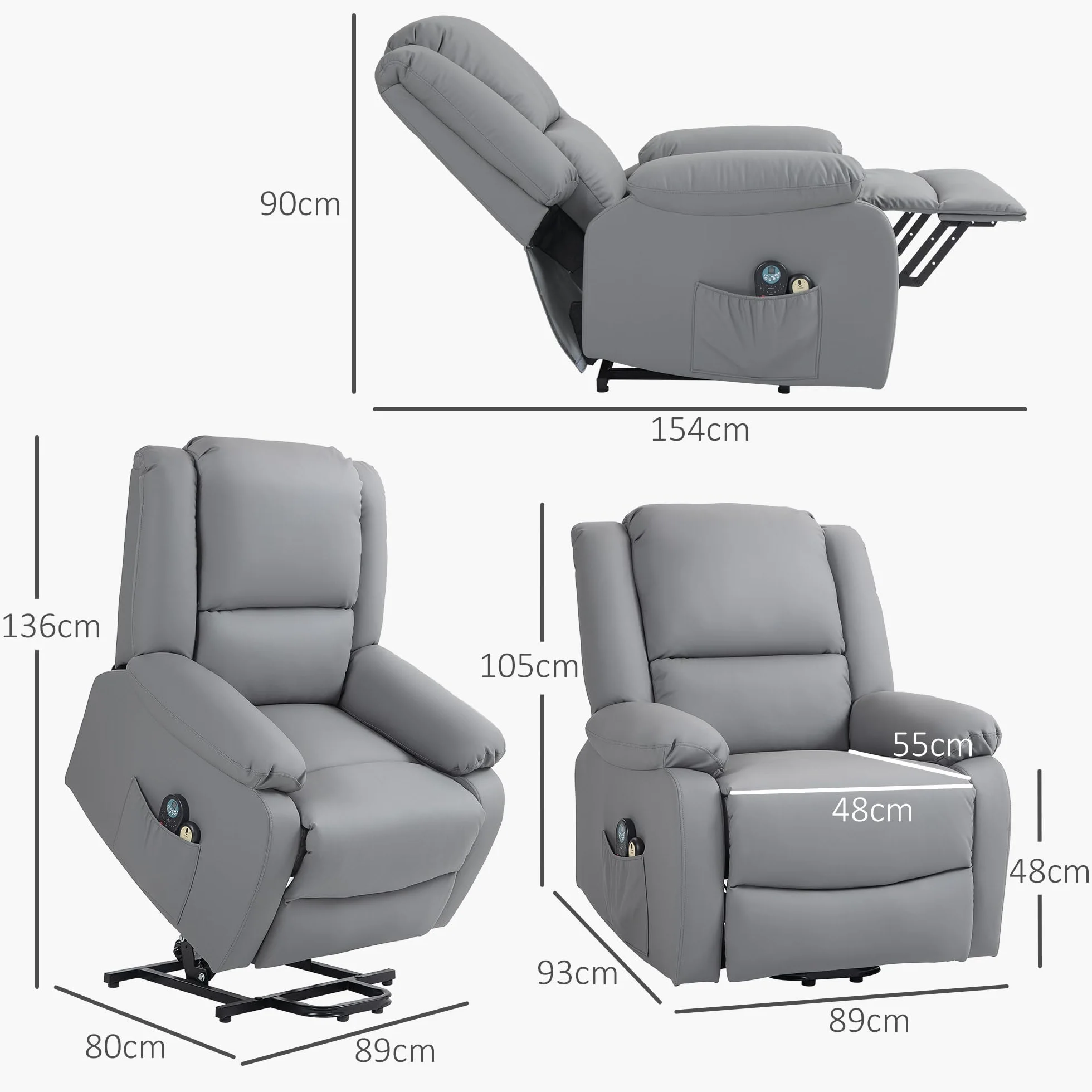 HOMCOM Sillón Relax Reclinable Eléctrico Levanta Personas con 8 Punto de Masaje Calor Lumbar Gris