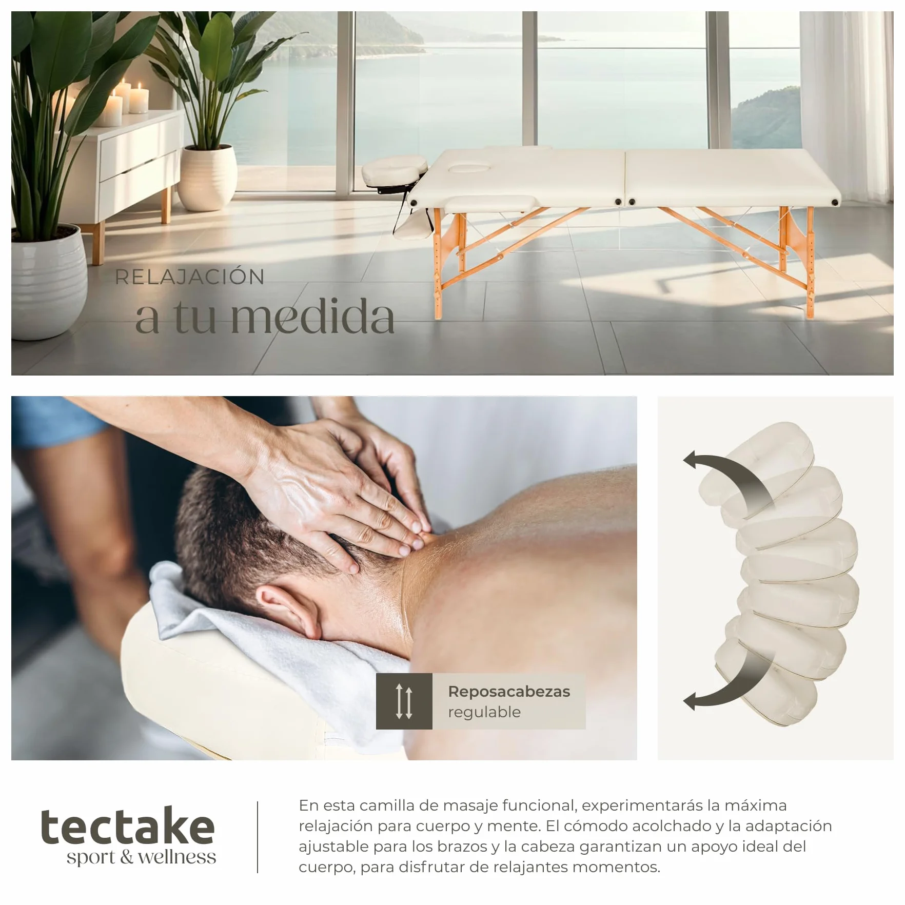 Camilla Masaje Plegable Profesional de Aluminio para Fisioterapia, Quiromasaje, Tatuajes, Reiki, Altura Ajustable, 2 Zonas, con Bolsa Transporte - Beige