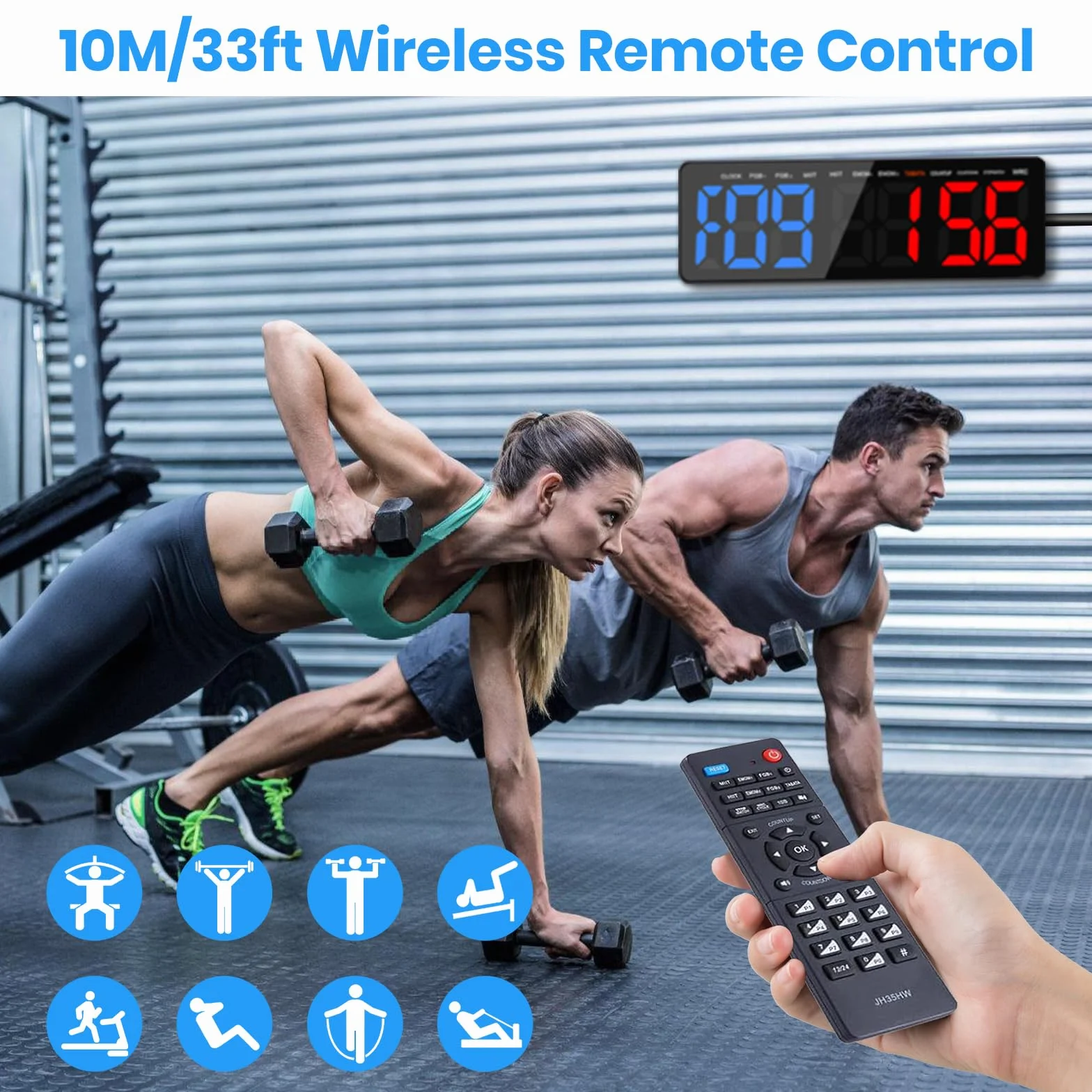Temporizador Multifunción para Gimnasio- 13" Gran Reloj Pared Digital LED con Cronómetro Countdown/Up, Brillo/Volumen Ajustable,Control Remoto,Modos HIIT/Tabata/FGB/EMOM/MMA para Casa Garaje