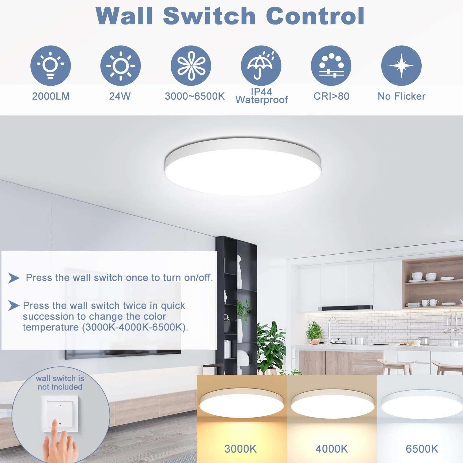 OUILA Plafon LED Regulable 24W 3000K-6500K 2000LM IP44 Lampara con Mando a Distancia Ø28cm
