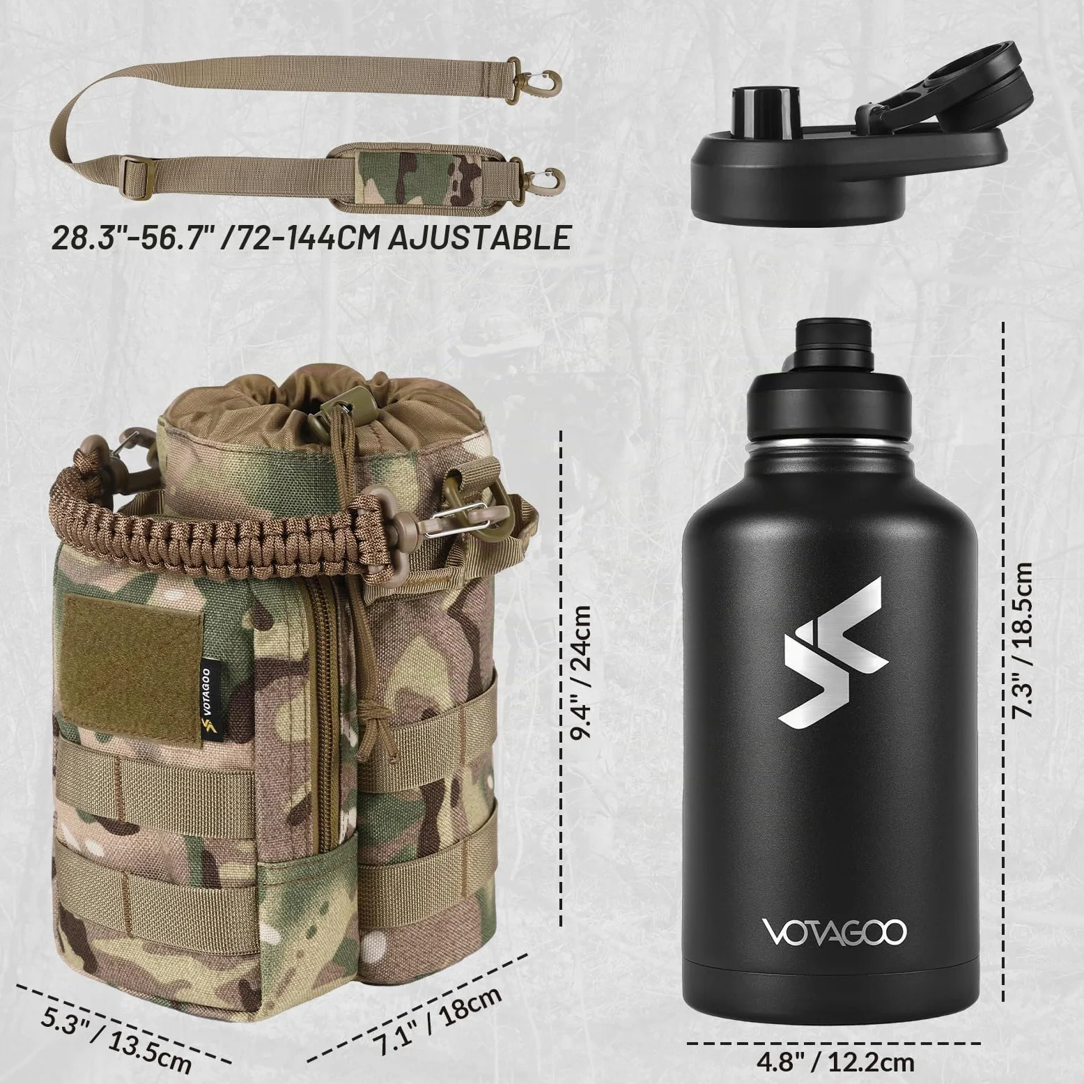 VOTAGOO Botella de agua táctica de acero inoxidable, termo para exteriores, 1,9 l, botella de agua militar para exteriores, senderismo, camping, caza (CP)