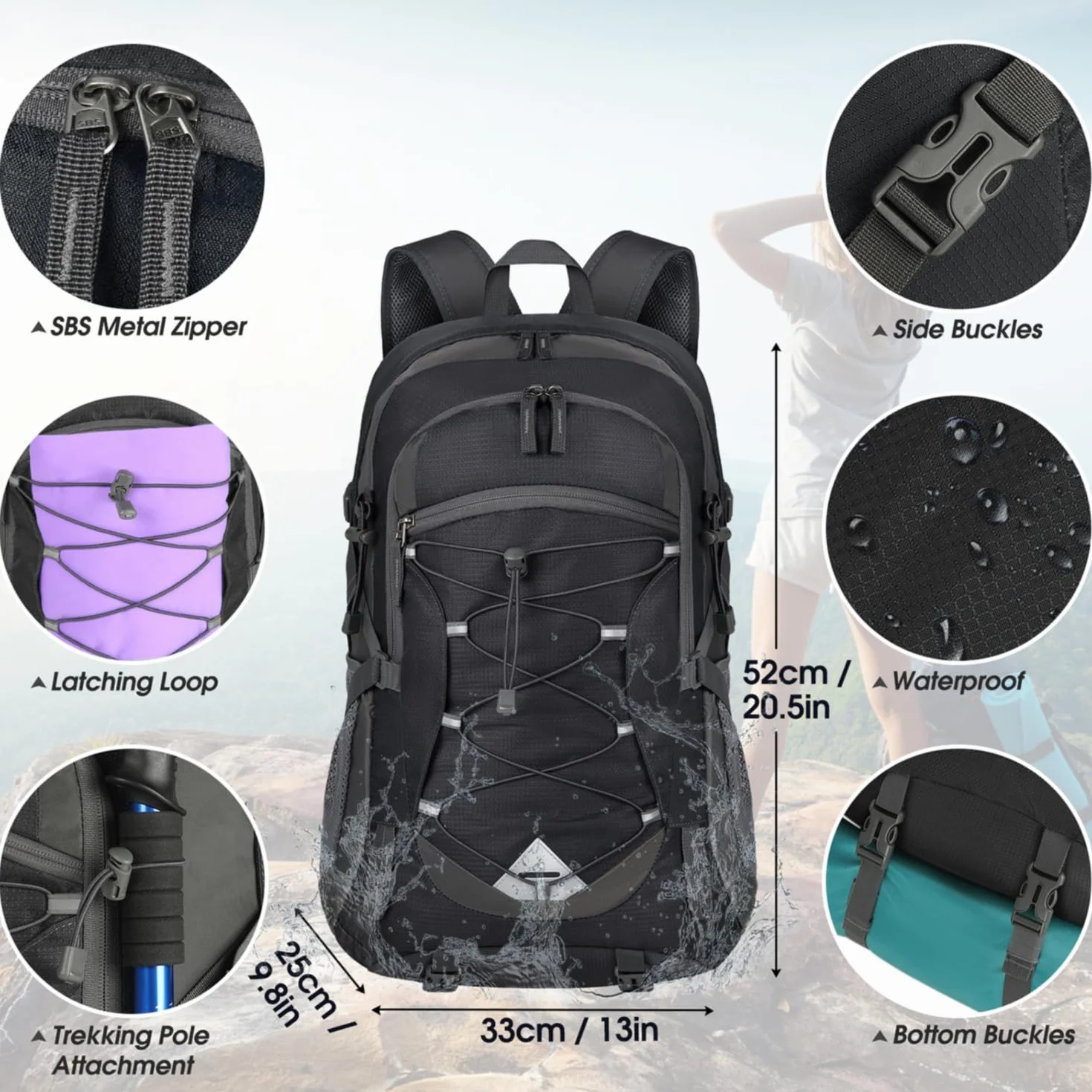 Mochila de Senderismo 40L Ultraligera Plegable para Camping Viajes, Negra