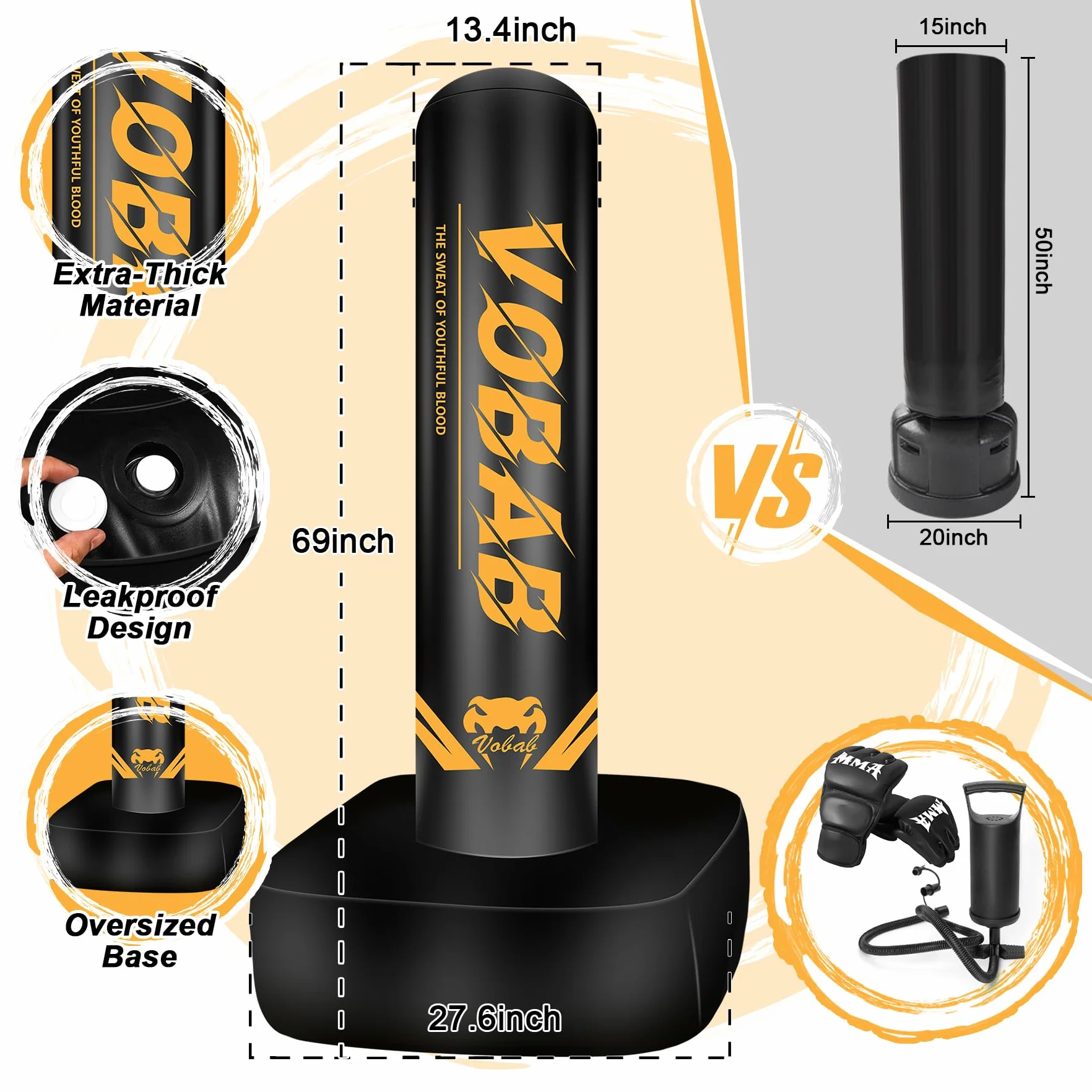 Boxeo pesado con base cuadrada, saco de boxeo, guantes de boxeo, bomba, caja de regalo premium para gimnasio en casa, MMA, fitness, saco de boxeo inflable para hombres