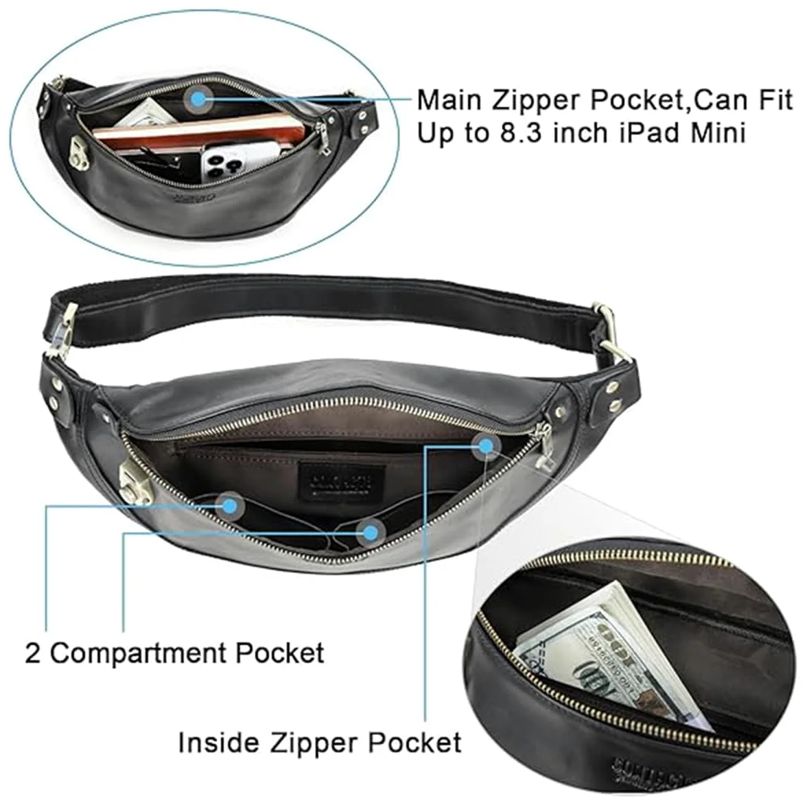 Hombre Bolsa de Pecho Bandolera de Cuero Genuino, Vintage Riñonera con Cinturón Ajustable y Cierre Antirrobo, Mochila Hombro Informal Bolsa de Cintura para Viajes Ciclismo Senderismo