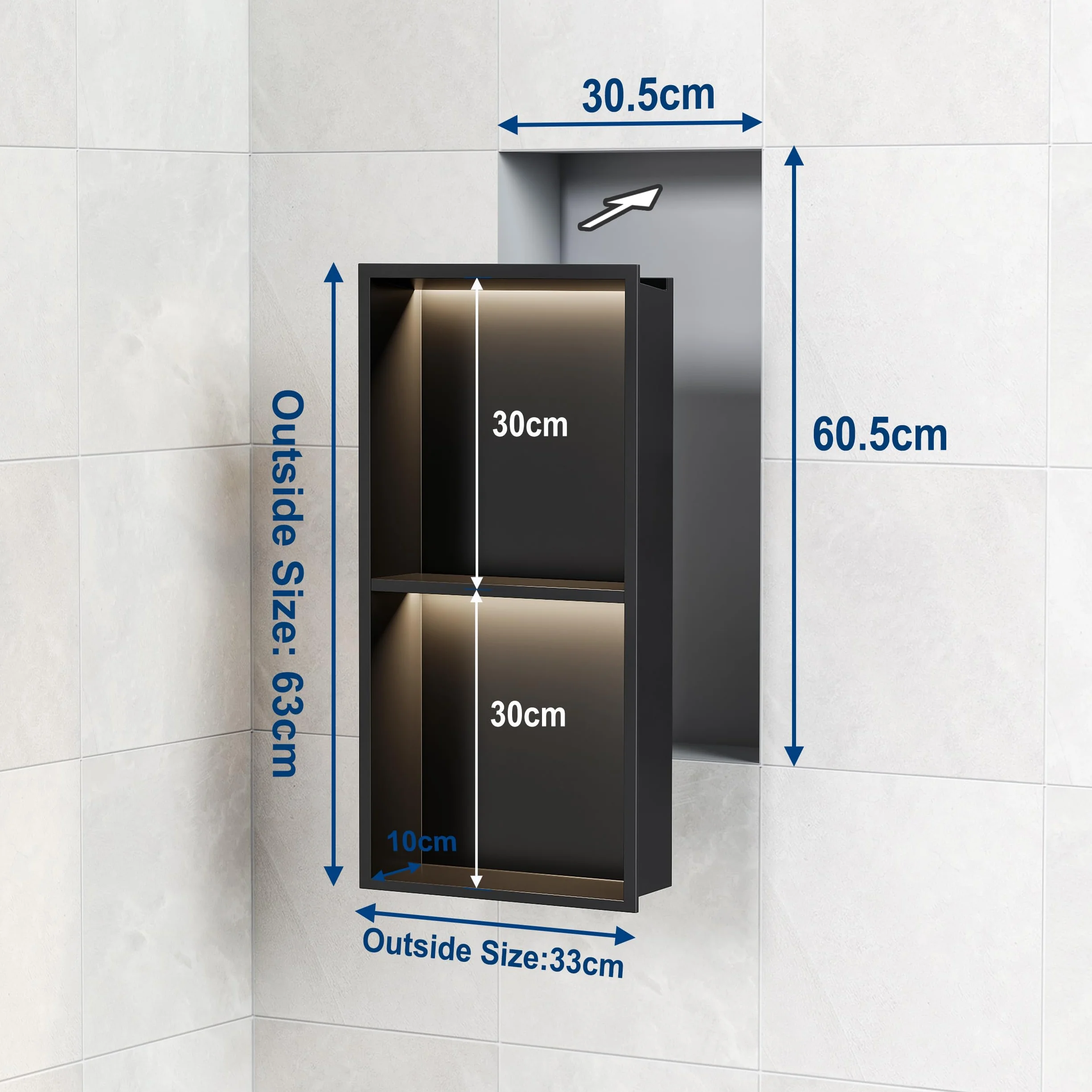 Ducha de pared acero inoxidable LED RGB IP68 doble nicho negro 60x30 cm mando a distancia 20 modos