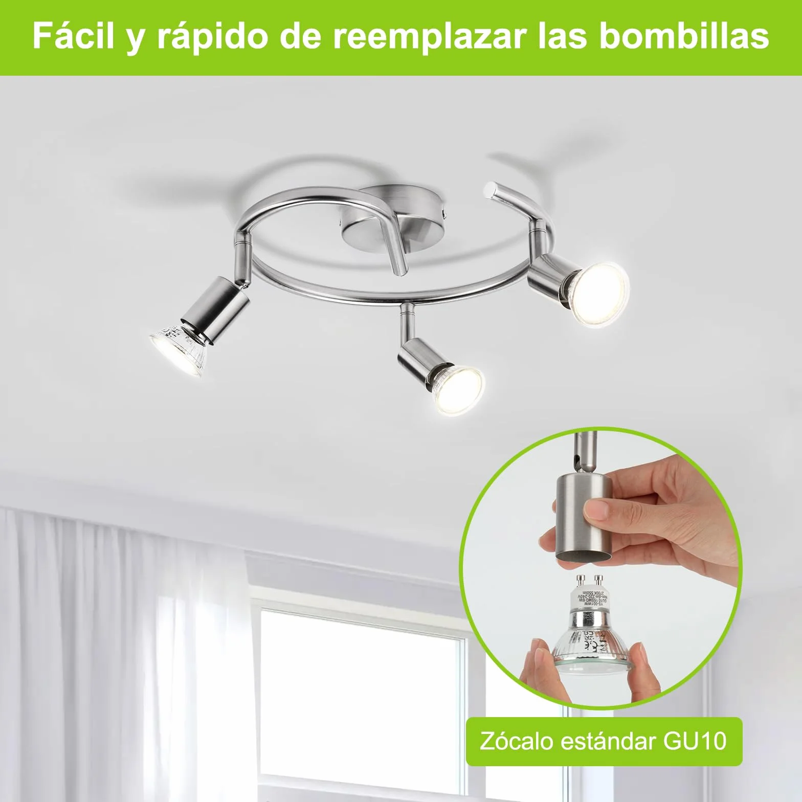 Bojim Lampara de Techo LED 3 Focos GU10 Blanco Natural 6W Níquel Mate