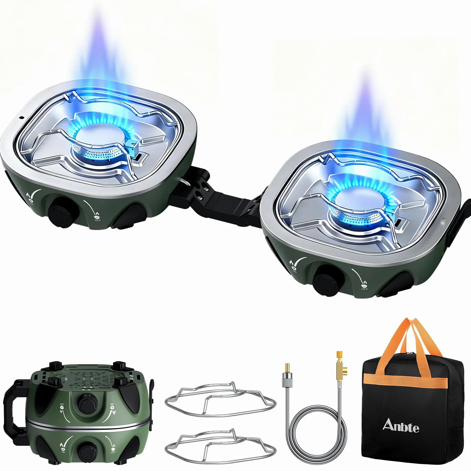 Anbte Hornillo de Camping de 2 Fuegos,2x3 kW, Cocina Portátil de Gas | Quemadores Ajustables, Plegable y Ligero, para Acampadas, Cocina al Aire Libre y Situaciones de Emergencia