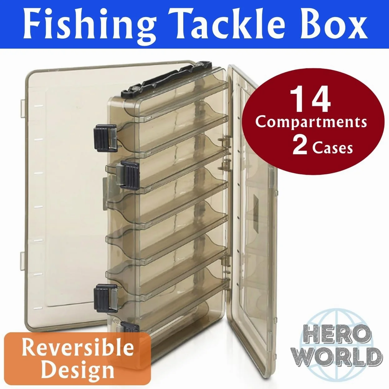 Juego de caja de aparejos de pesca, paquete de 2 organizadores de señuelos reversibles de doble cara (negro, 14 ranuras x 2)