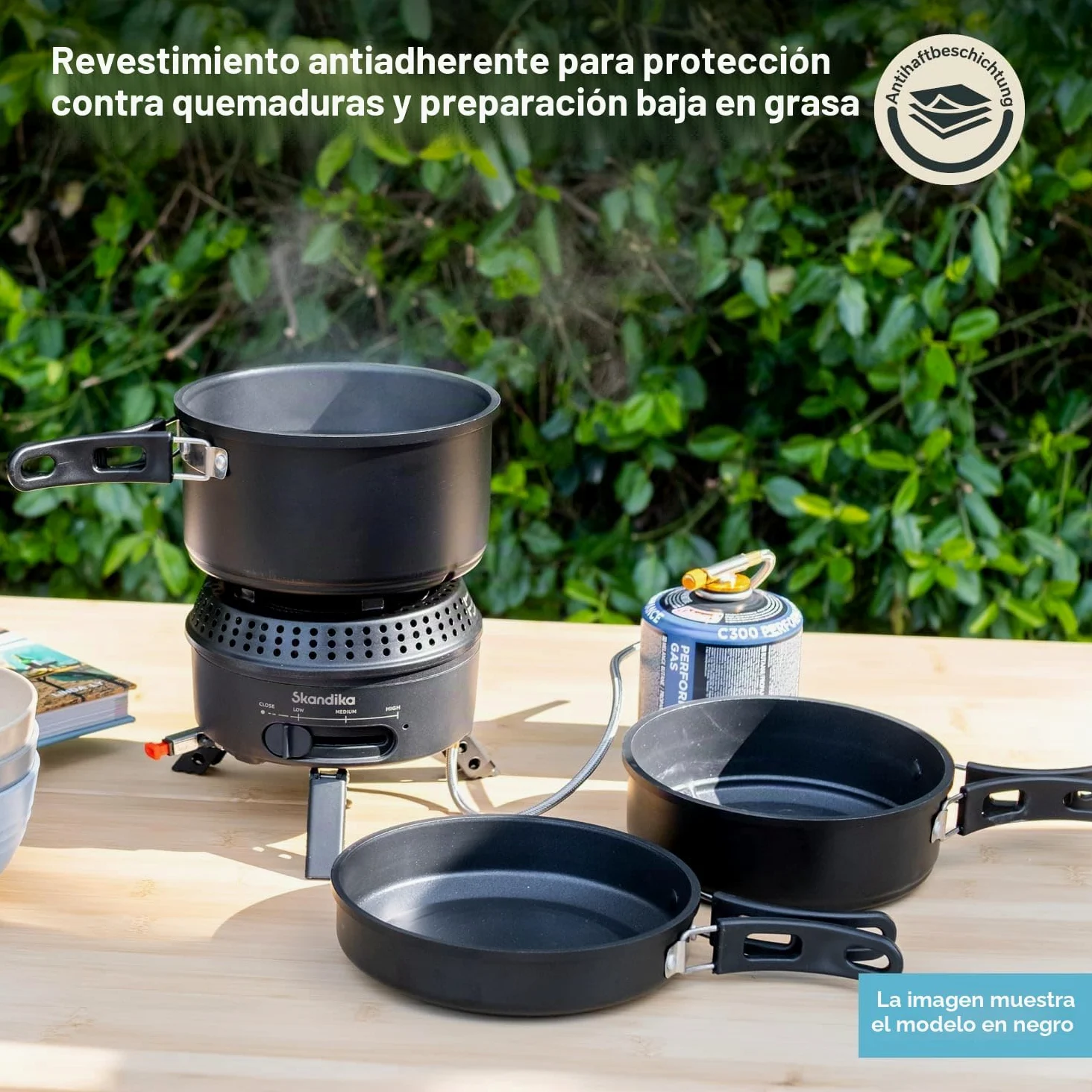Skandika Hornillo de camping Rask | Hornillo híbrido para camping, 2 en 1, funciona con electricidad o gas, encendido piezoeléctrico, con utensilios de cocina (verde)