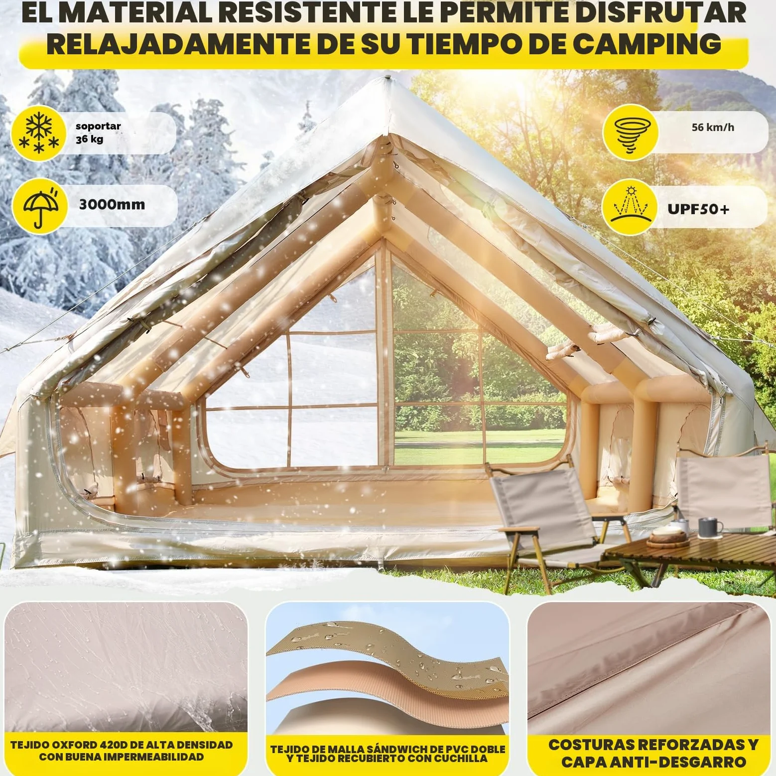 Tienda de campaña inflable con apertura de chimenea y claraboya, para exteriores, 2-10 personas, con bomba de aire, de tela Oxford impermeable, para las 4 estaciones, montaje rápido