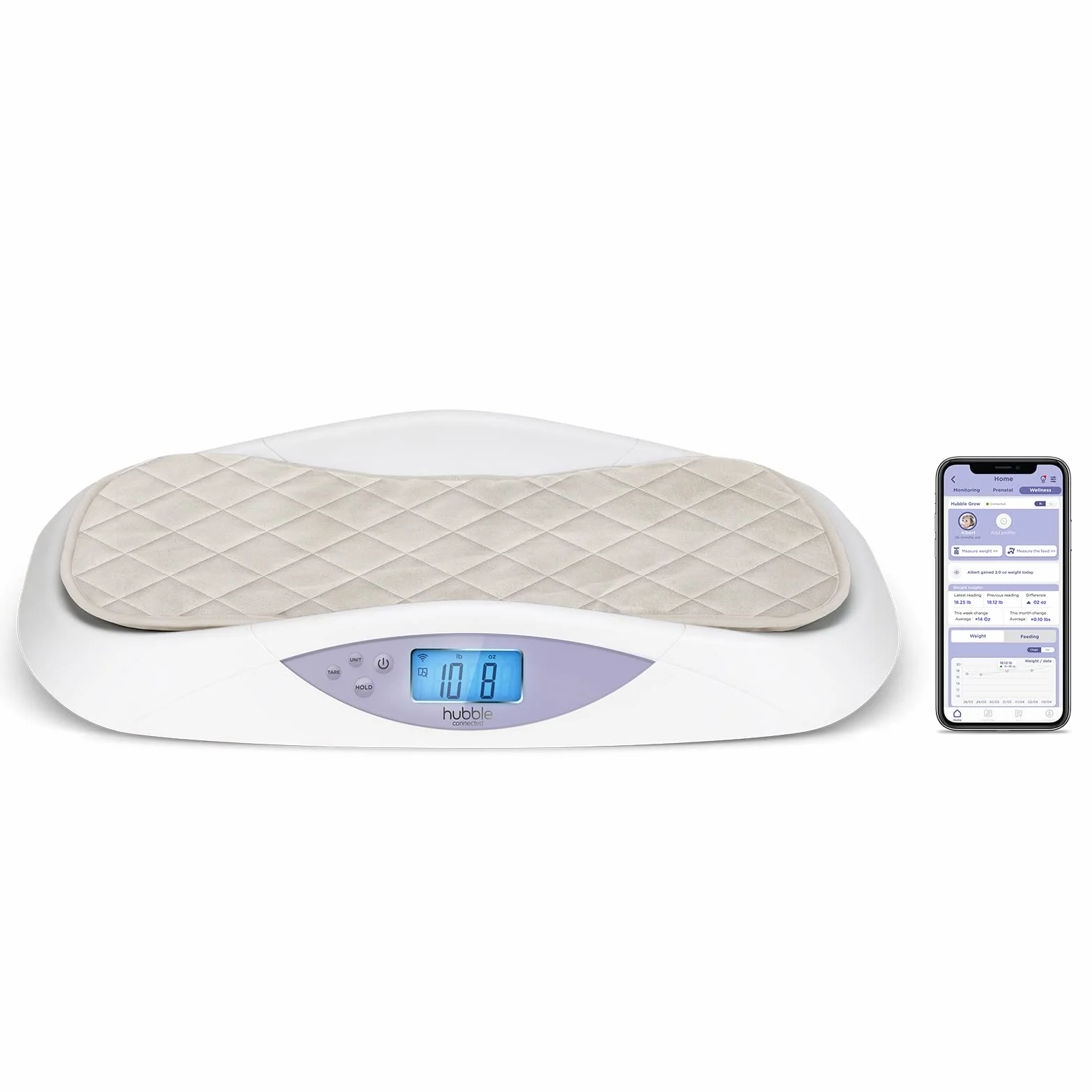 Hubble Connected Grow Báscula inteligente para bebés con Bluetooth, pantalla LCD, seguimiento de peso, cambiador suave, tara y retención, 4 sensores
