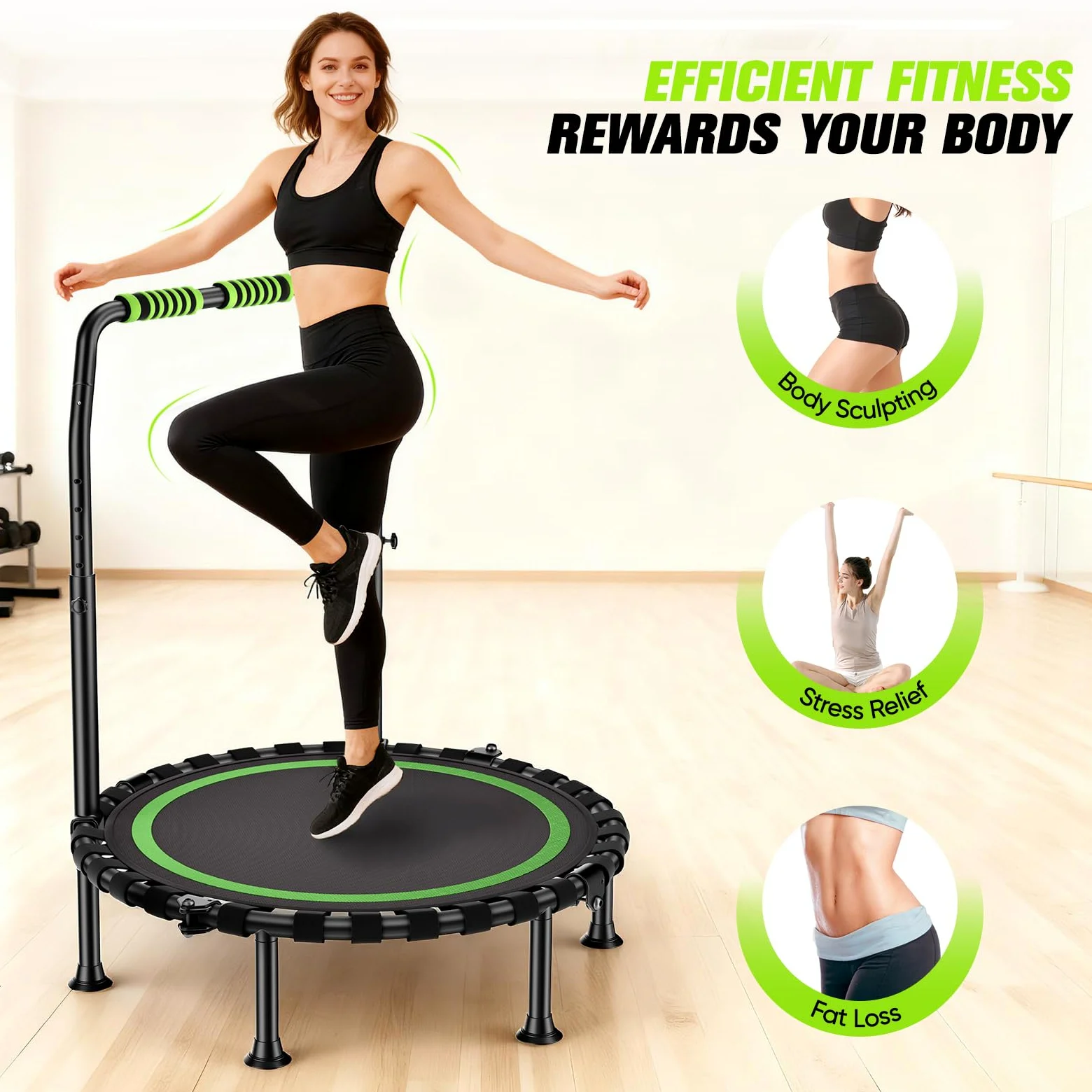 Trampolín de 101 cm de diámetro, plegable para fitness, capacidad de carga de 150 kg, altura de pasamanos ajustable, entrenamiento de resistencia, diferentes grupos de personas