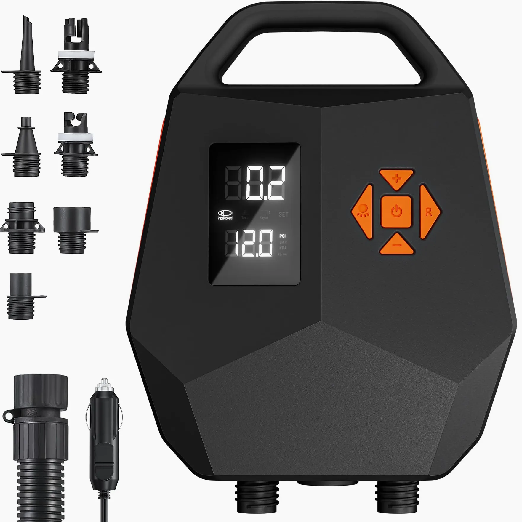 Bomba eléctrica SUP 20 PSI – Bomba de aire de doble motor con parada automática, adaptador de coche 12 V para tablas hinchables, kayaks, barcos – Inflado silencioso y rápido