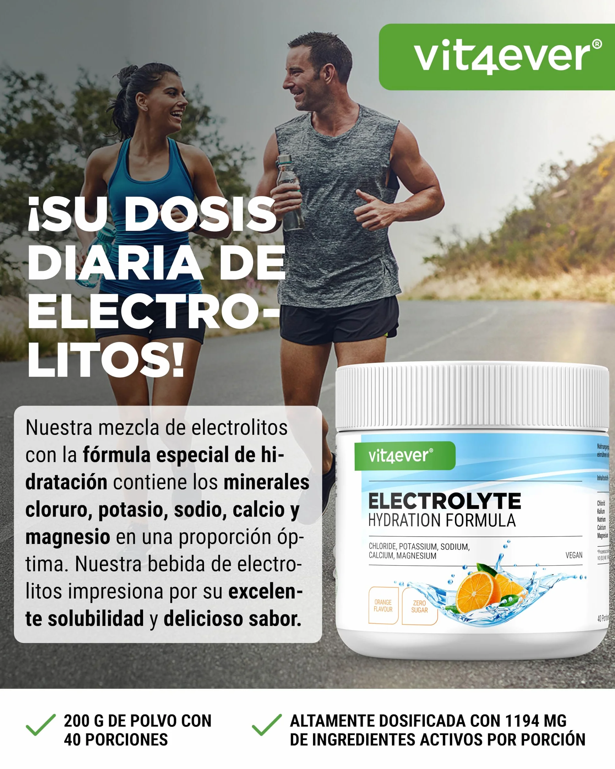 vit4ever Electrolitos 200 g 40 Porciones Fórmula de Hidratación Sin Azúcar Vegano Sabor Naranja
