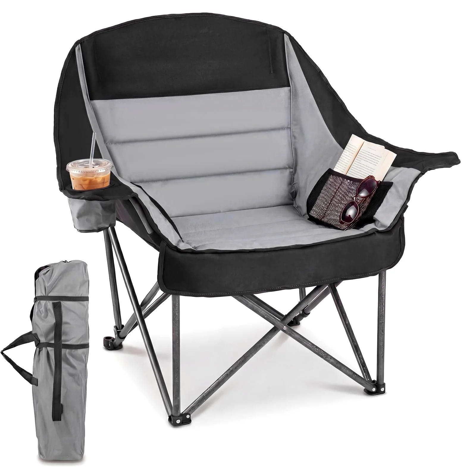 COSTWAY Silla de Camping Extragrande y Acholchada, Silla Plegable Portátil con Bolsillos Laterales, Portavasos, Bolsa de Transporte, Playa Pesca, Carga 225 kg,72 x 104 x 93 cm (Gris)
