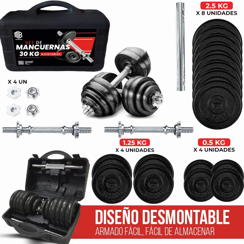 ManiBoom Mancuernas Ajustables HIERRO PURO (No Plástico) - Kit Pesas 3 en 1 con Barra Extensora - Maletín Rígido de Musculación y Fitness en Casa - Discos Macizos y Seguros (15kg - 55kg)