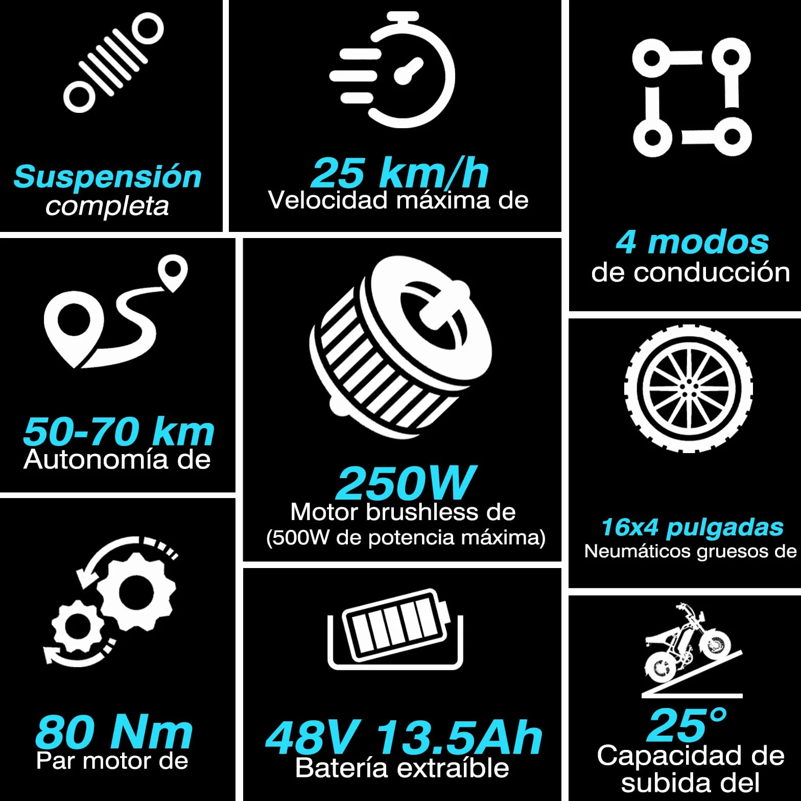 Bodywel M16 Bicicleta Eléctrica Adultos, 16x4.0” Fat Tire Todo Terreno Ebike, Batería 48V 13Ah, Motor 250W, 80 km Autonomía (Pas), Pantalla LCD, Luces Duales, Suspensión Completa