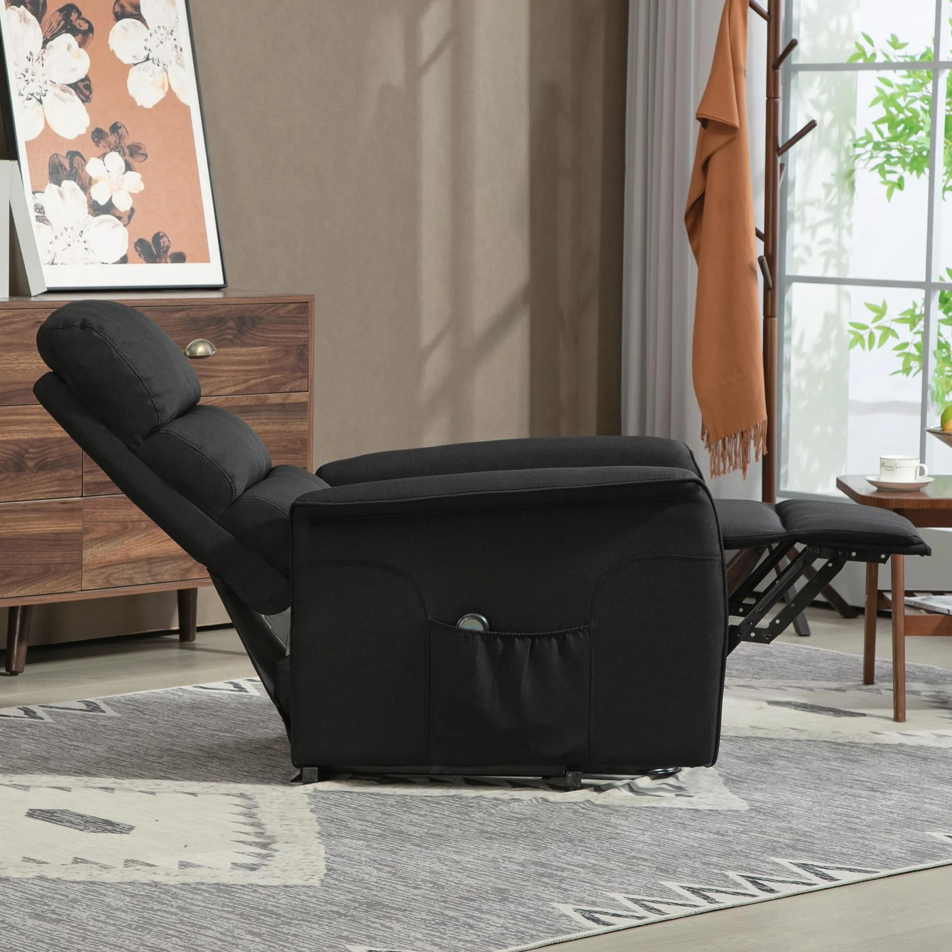 HOMCOM Sillón Relax Reclinable Eléctrico Levanta Personas, Sillón Elevador con Control Remoto, Reposapiés, Tapizado en Lino, Negro