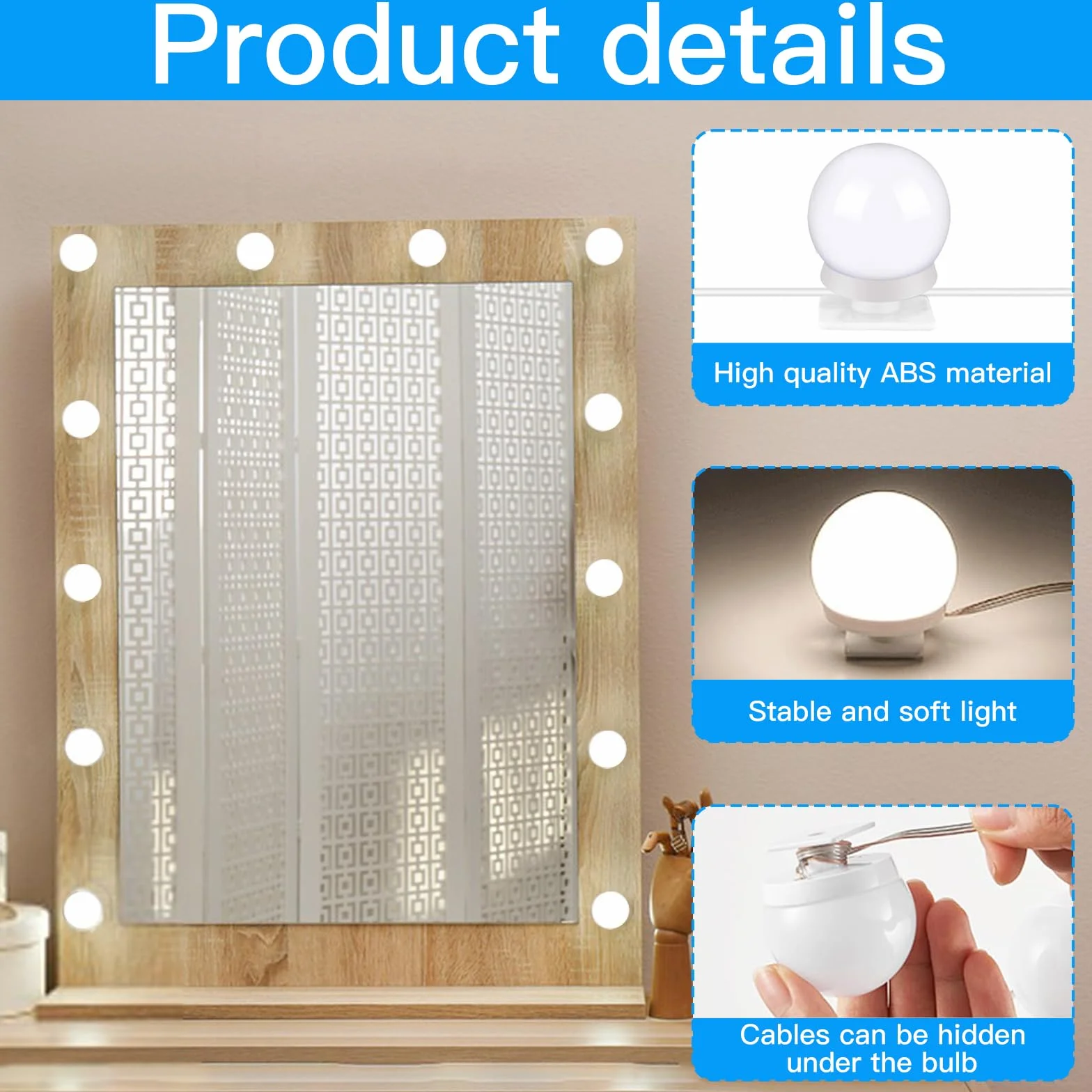 Luz de Maquillaje LED con 12 Bombillas Regulables, 3 Modos de Color para Tocador