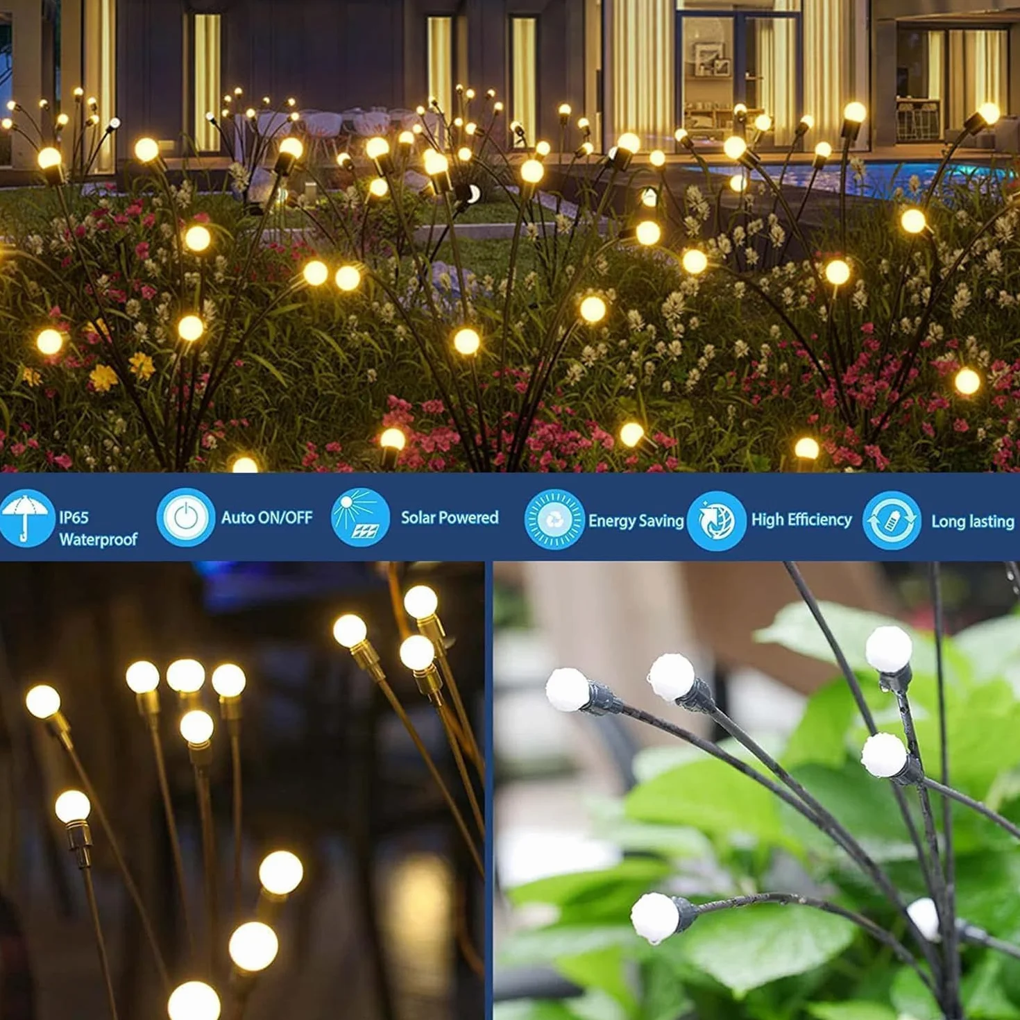 Luces Solares Luciérnaga Exterior 4 Piezas 10 LED Oscilantes IP65 Impermeables Jardín Patio Césped Balcón Blanco Cálido