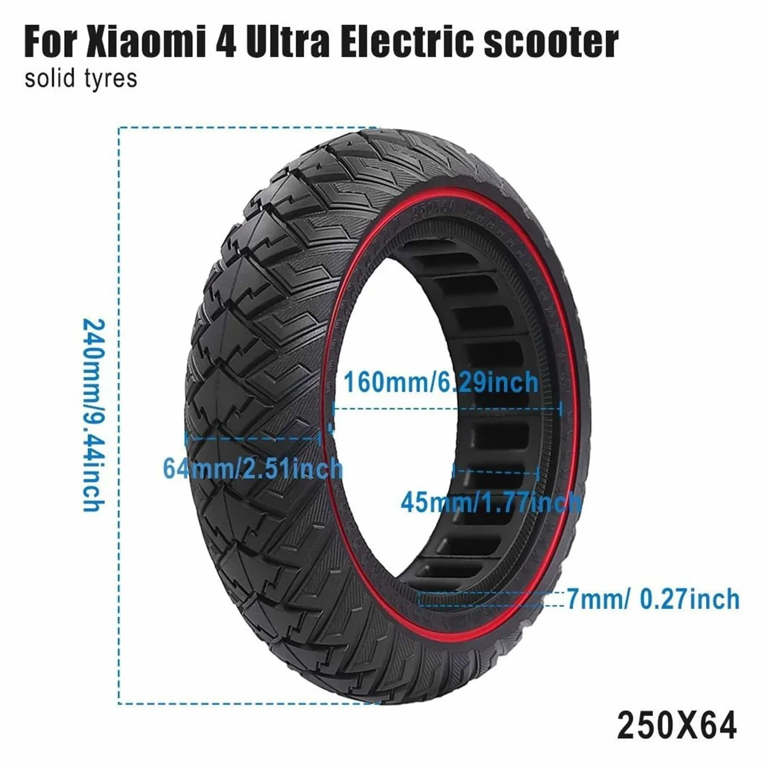 Neumático sólido for patinete eléctrico, compatible con Xiaomi, Mi4 Ultra, NAVEE, S65C, sin cámara, 10 pulgadas, 250 x 64, todoterreno rueda de scooter de goma maciza(Black)