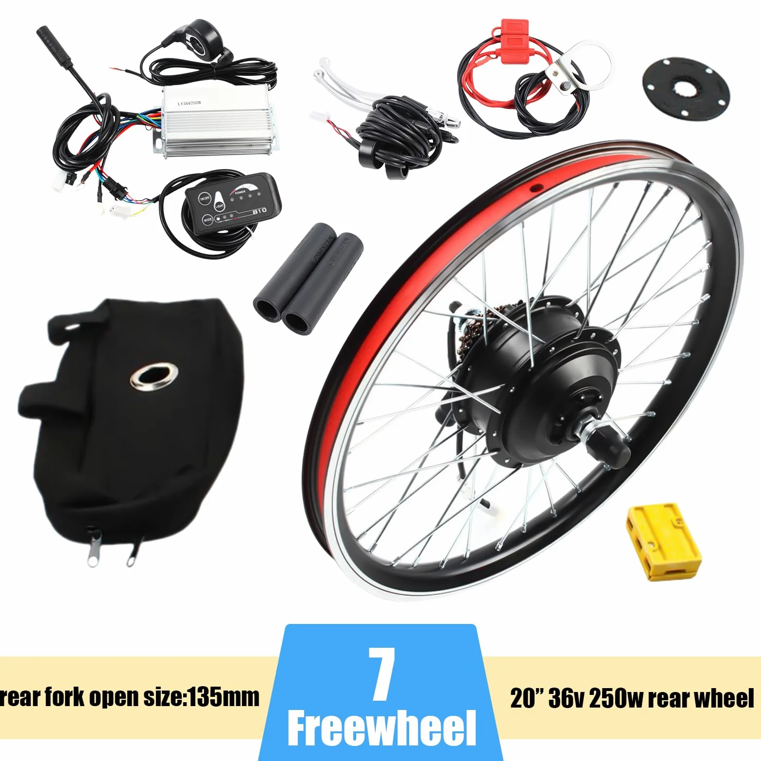 Kit de conversión de bicicleta eléctrica de 20 pulgadas 36 V 250 W – Kit de conversión de rueda trasera de motocicleta con pantalla LED – conversión de bicicleta eléctrica para viajes diarios y