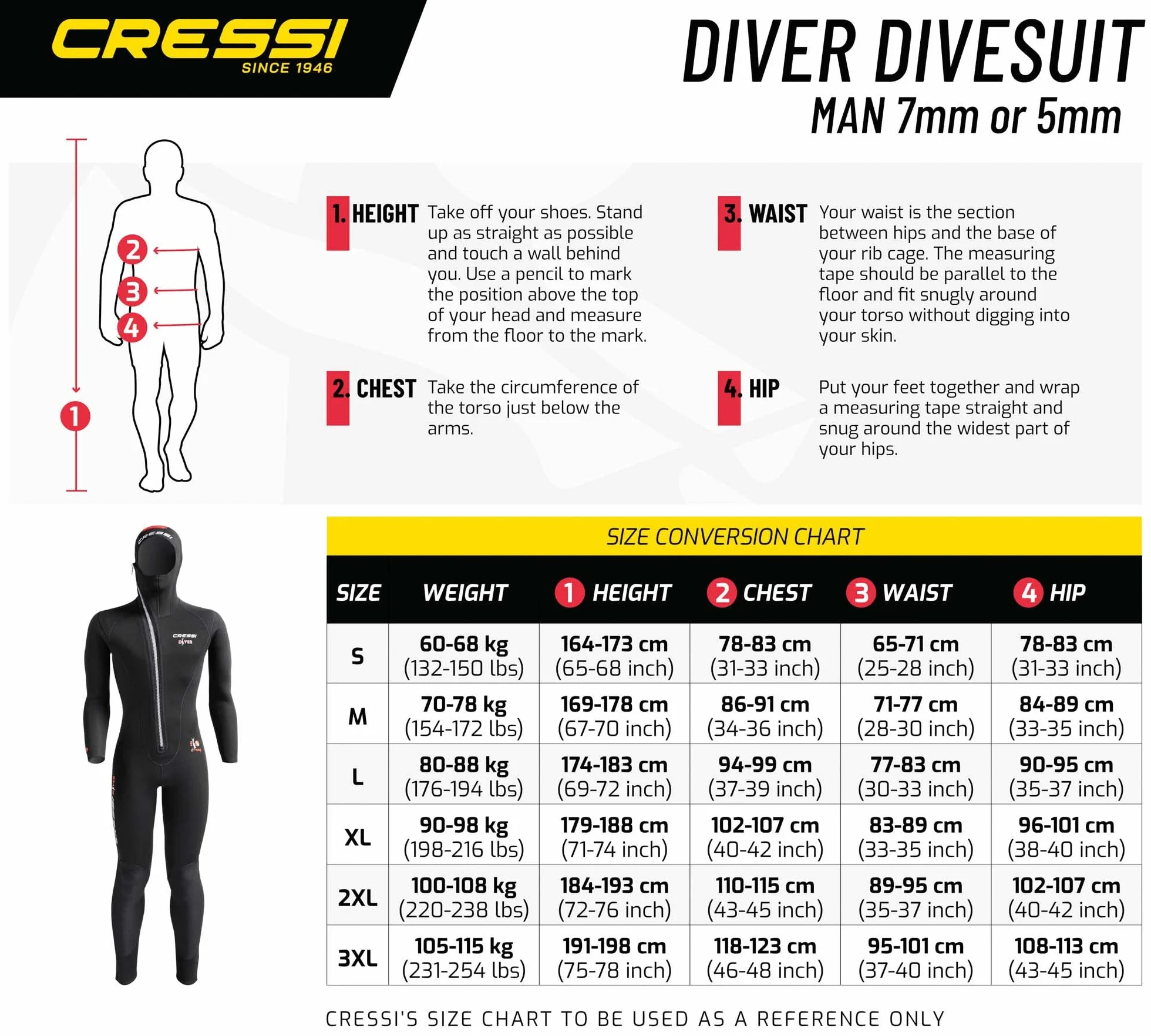 Cressi Diver Man Monopiece Wetsuit, Traje de Buceo de Una Pieza para Hombres, Disponible en 5 mm/7 mm
