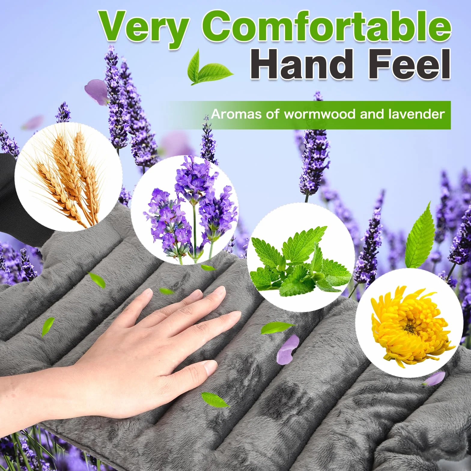 Almohada caliente microondas semillas lavanda hierbas naturales alivio dolor gris
