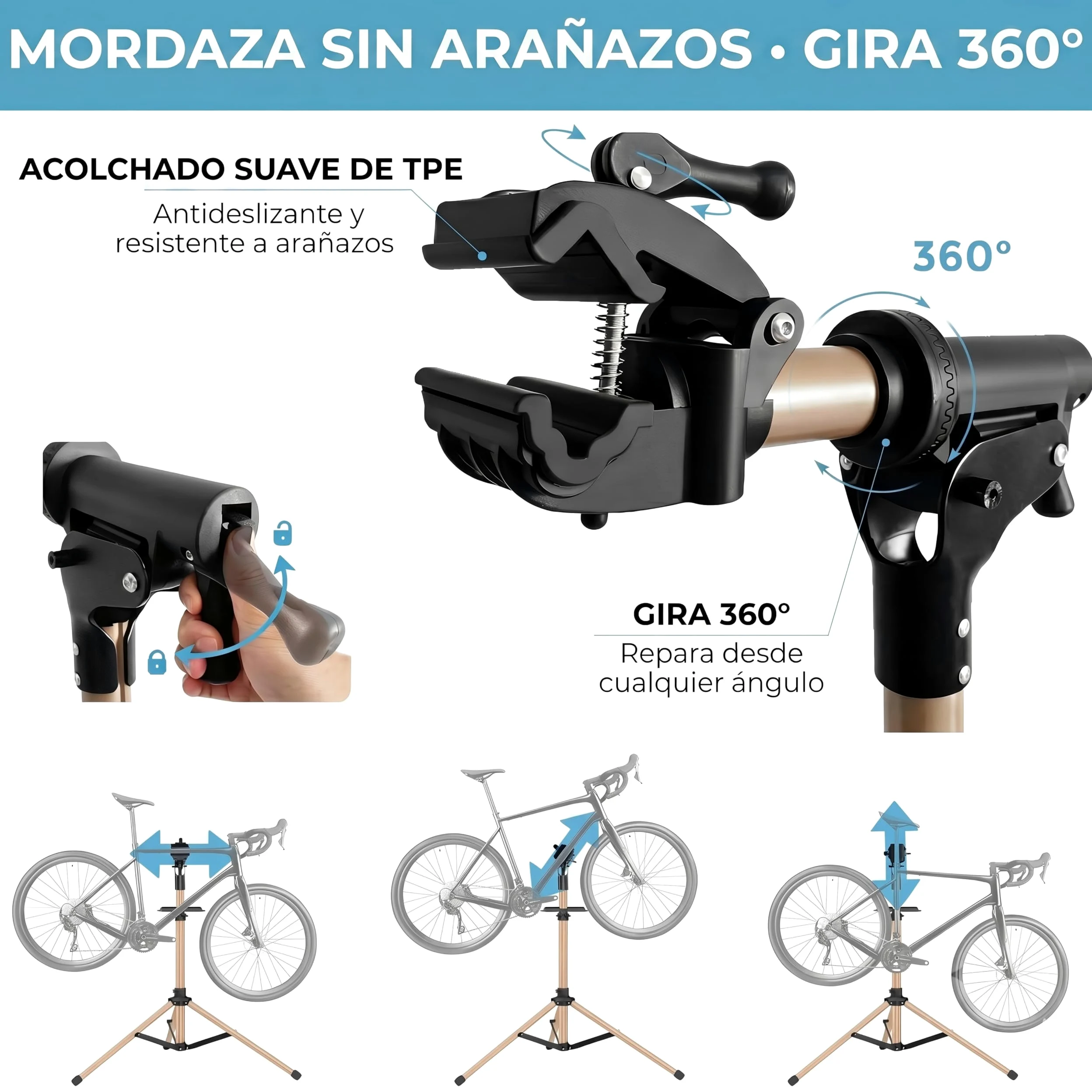 Caballetes para bicicletas de aluminio tres patas, reparación y montaje, totalmente plegable, doble cierre seguridad, diseño compacto, ultraligero, bandeja magnética de gran tamaño