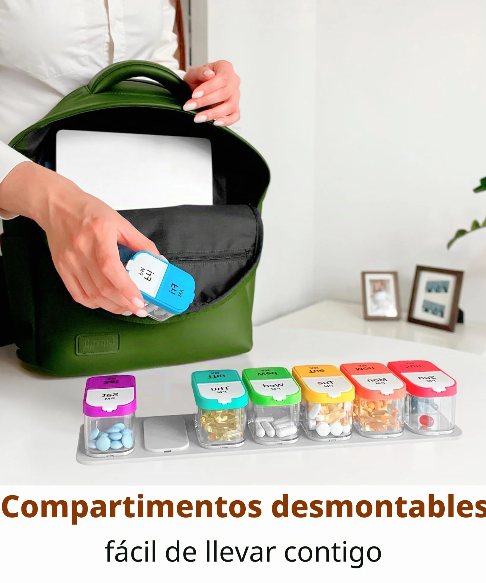 Organizador semanal XL de píldoras con 7 compartimentos desmontables AM/PM, dispensador portátil