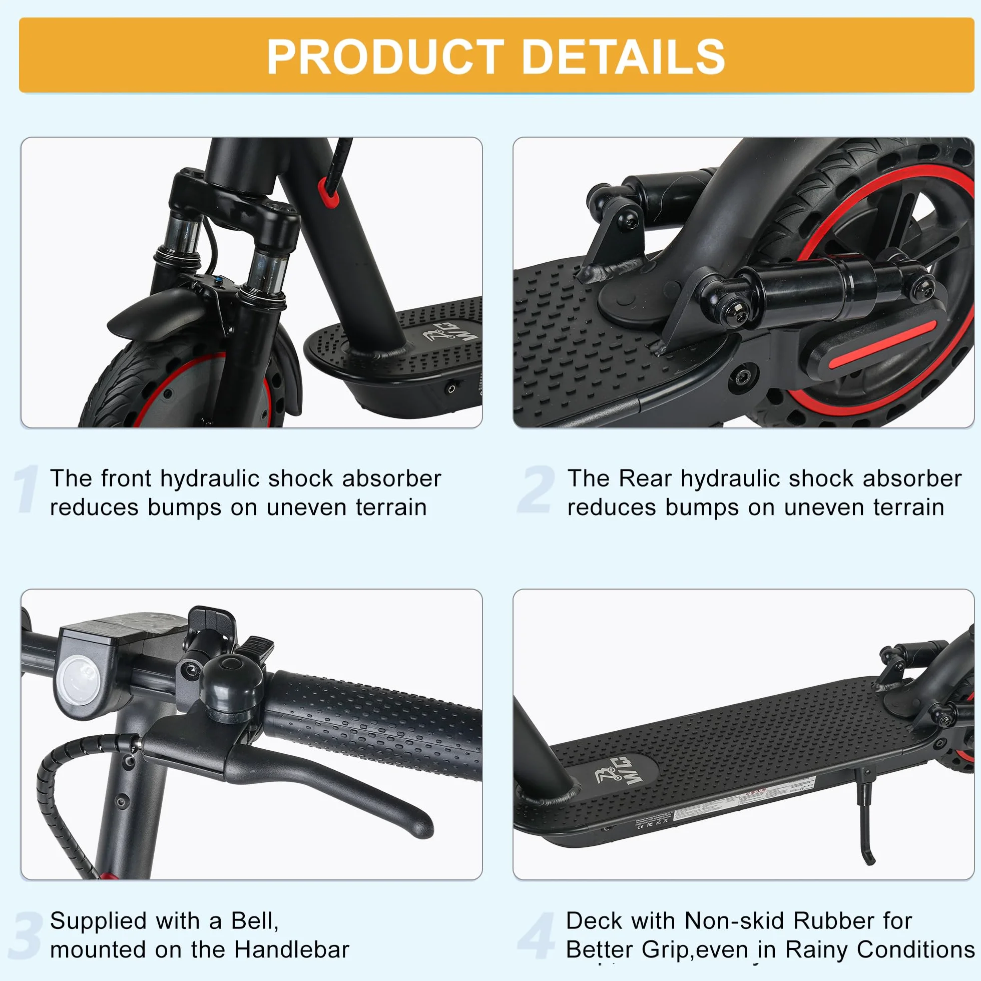 Patinete eléctrico Plegable para Adultos, neumáticos de 8.5"/10", 4 amortiguadores, Capacidad máxima de 30-45 kilómetros, Control de Aplicaciones