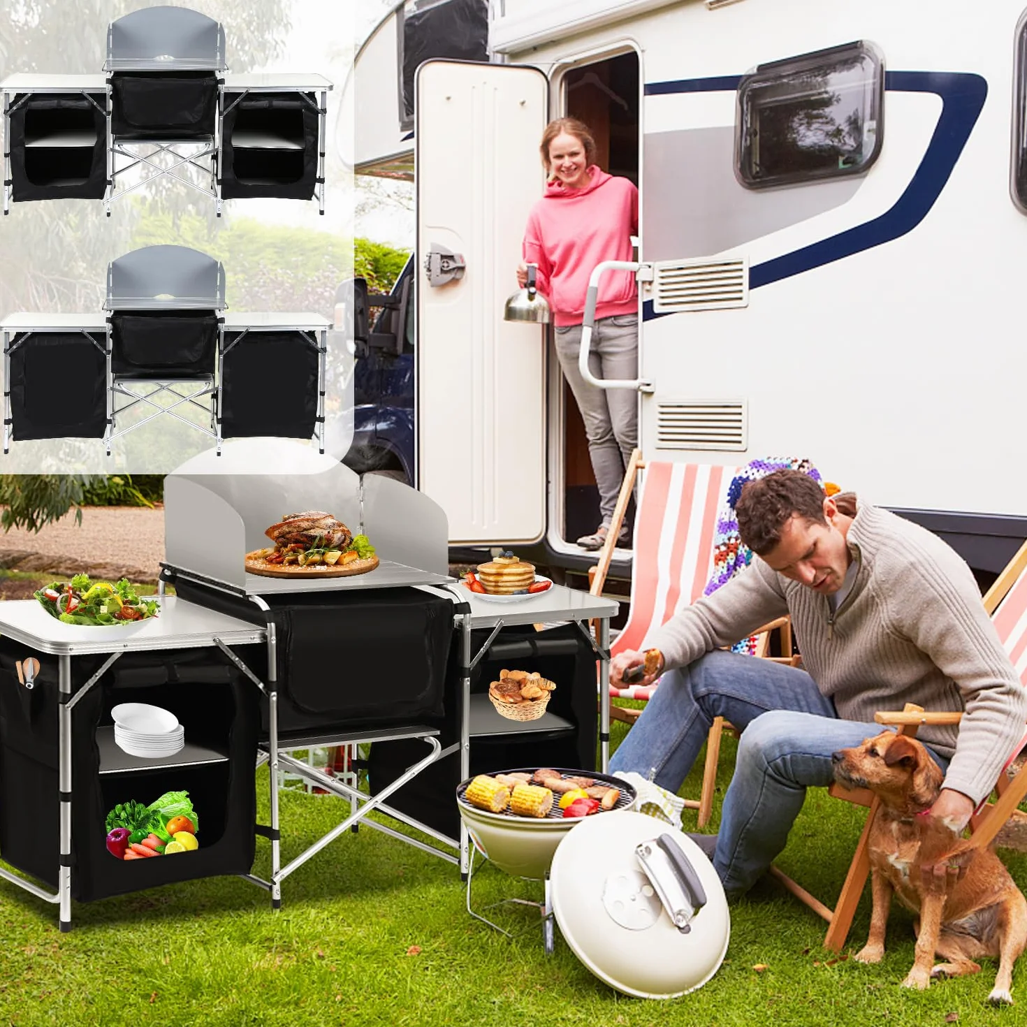 Cocina de camping, armario de camping plegable con protección contra salpicaduras, bolsa de transporte, incluye muebles de camping, cocina de camping al aire libre, con estructura de aluminio,