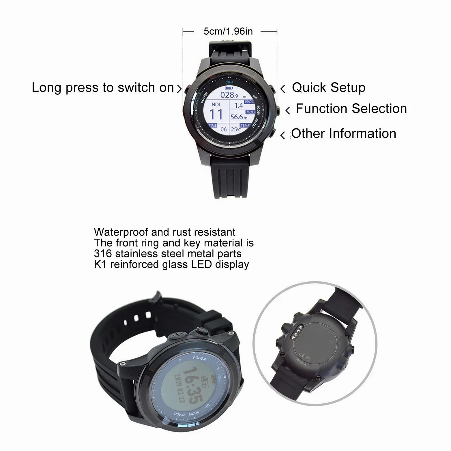 Computadora de Buceo Reloj de Buceo multifunción Computadora de apnea con Montaje en muñeca de 100 m con Vidrio Reforzado K1 Silicona de Acero Inoxidable 316 para Buceo Buceo