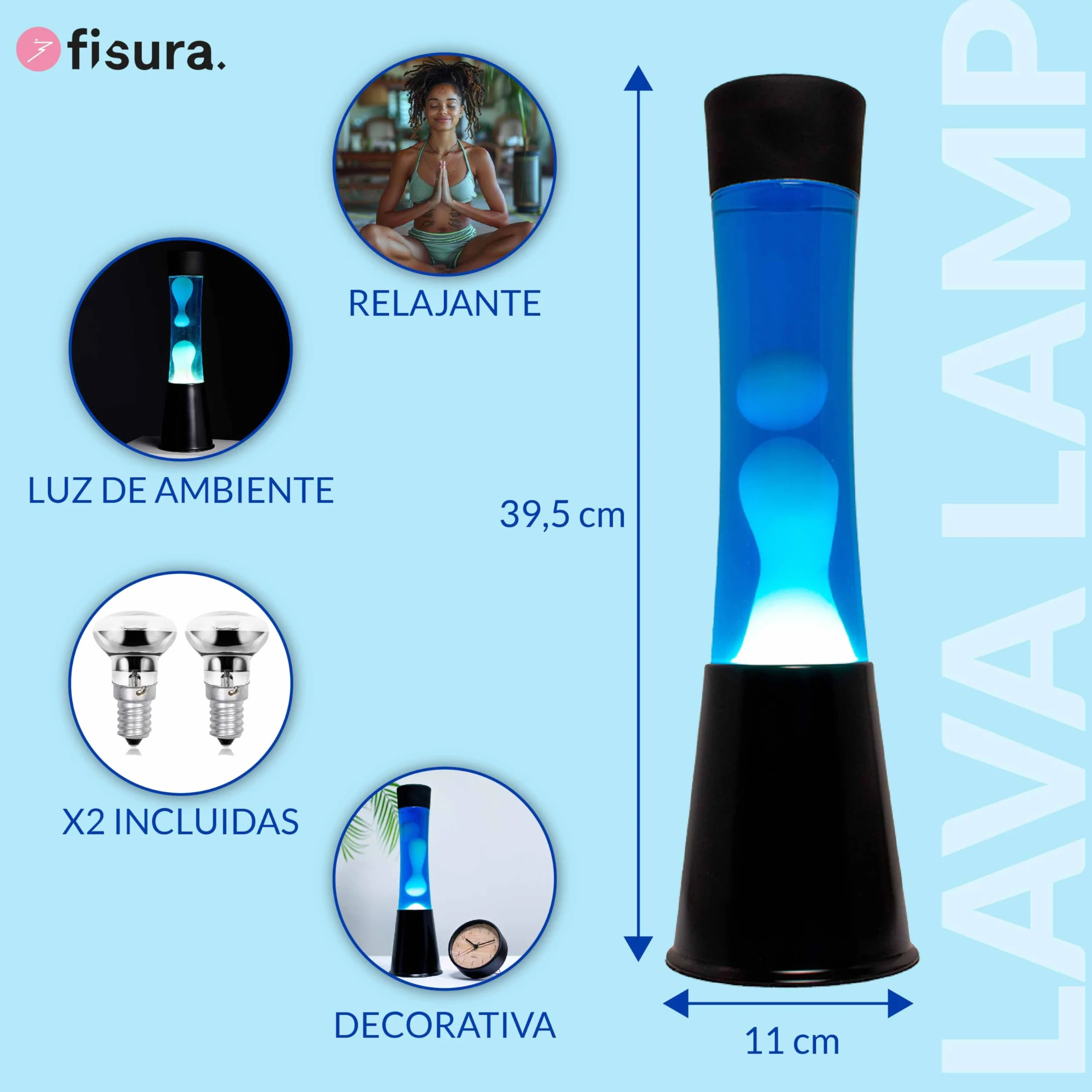 Fisura Lámpara de lava blanca y azul años 70 11x11x39,5 cm